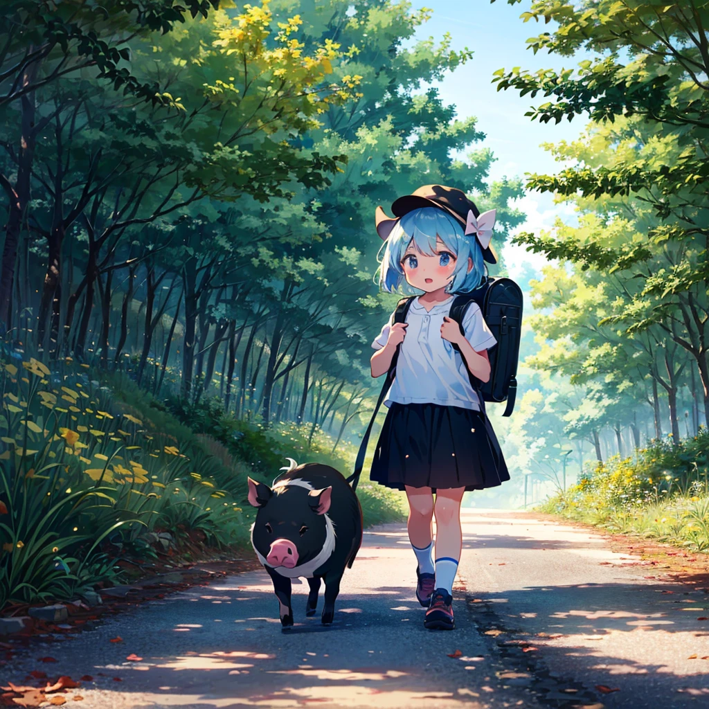 {{{Masterpiece, highest quality, high resolution background}}}, bright and beautiful atmosphere, 1 girl (5 years old, round face, baby face), small breasts, summer clothes, {{{((Rural country walking on the road while wiping sweat) Girl)}}} A girl carrying a heavy travel backpack, a mini-pig wearing a hat and enjoying the heat, a mini-pig wearing a hat, "deltamon_sdXL :0.73) >Deltamon"