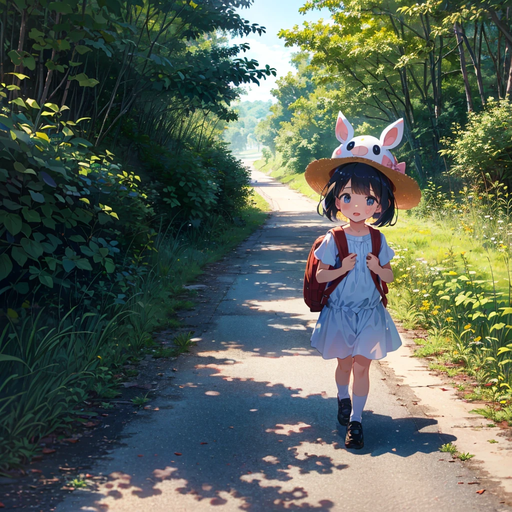 {{{Masterpiece, highest quality, high resolution background}}}, bright and beautiful atmosphere, 1 girl (5 years old, round face, baby face), small breasts, summer clothes, {{{((Rural country walking on the road while wiping sweat) Girl)}}} A girl carrying a heavy travel backpack, a mini-pig wearing a hat and enjoying the heat, a mini-pig wearing a hat, "deltamon_sdXL :0.73) >Deltamon"