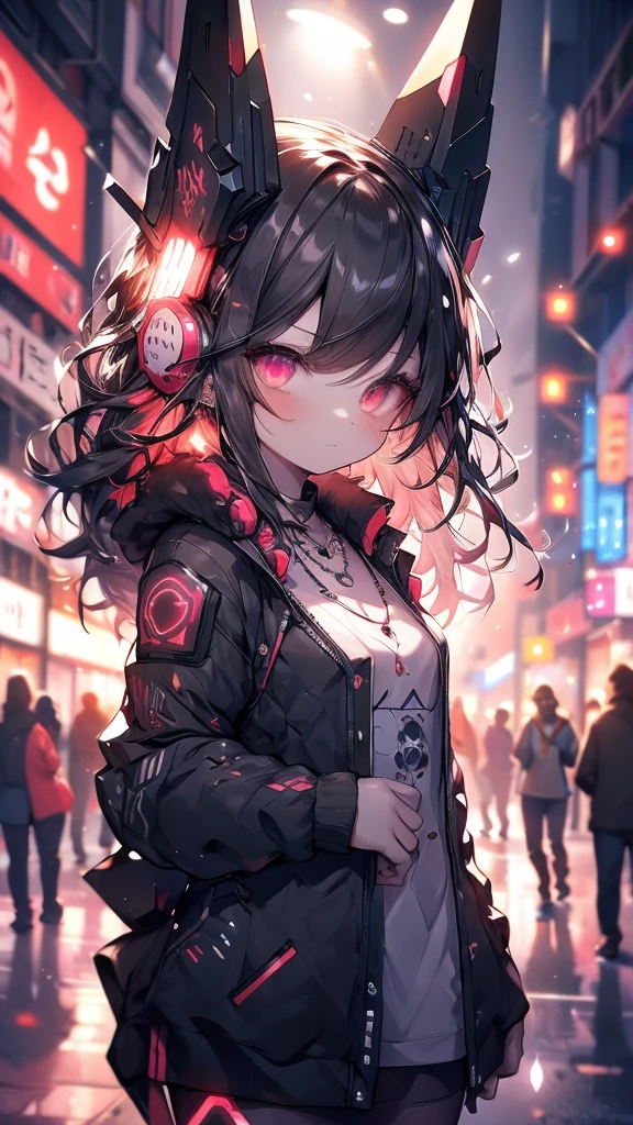 1 girl, Chinese_Red, Cyberhan, cheongsam, Cyberpunk  动态姿势, Detailed glowing headphones, Glowing Hair Accessories, Long hair, Luminous Earrings, luminous necklaces, Cyberpunk, High-tech city,Futuristic, technology, Neon lights, Red, Clear black tulle, Black Ribbon, laser, Digital background city sky, best quality, Character edge light, Ultra-high detail, high quality, The most beautiful woman in the world, earring,  Lighting Effects, Visual Data, Deep black hair, Ultra-fine facial texture, surreal light and shadow, Background Night