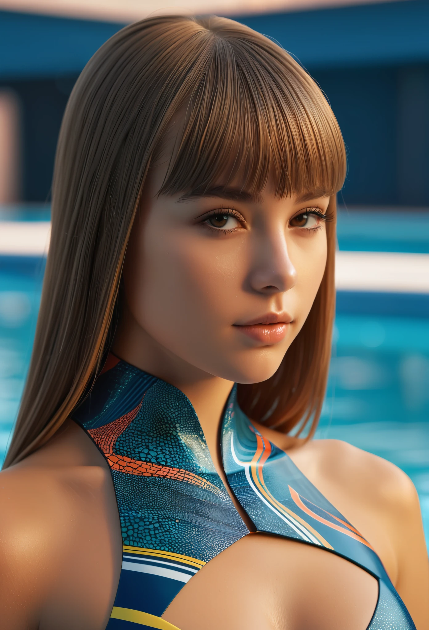 score_9, score_8_up, score_7_up, A beautiful and cute Swede girl with long hair, 18yo, waist-high portrait from side, natural skin texture, high nose, beautiful eyebrows, (blunt bangs:1.1), detailed facial features, wearing futuristic swimming suit with fractal pattern, complex composition, high resolution, ultra-detailed, sharp focus, 4k textures, photorealistic, warm colors, natural lighting, magical realism style, intricate background, Yaiba, beautiful large hips, beautiful back, moist skin texture, no makeup, dark circles, toned body, in the pool,