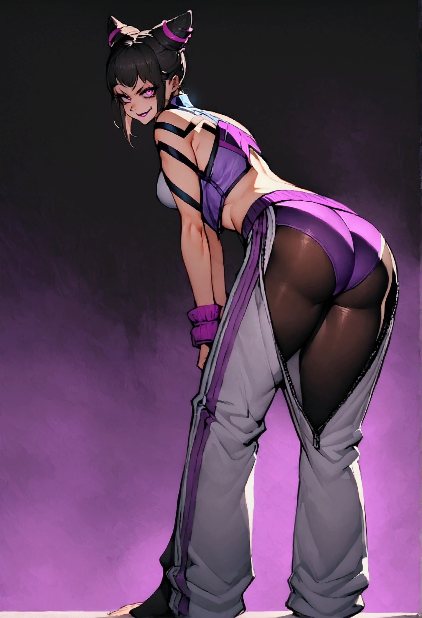 standing backwards,looking back,beautiful young fitness woman with , in a gym wearing May with black pantyhose, white and purple gym jacket. standing alone,hair horns,bright purple eyes,Evil smile,legging preto aura roxa,super bright purple right eyes,whole body,curves
