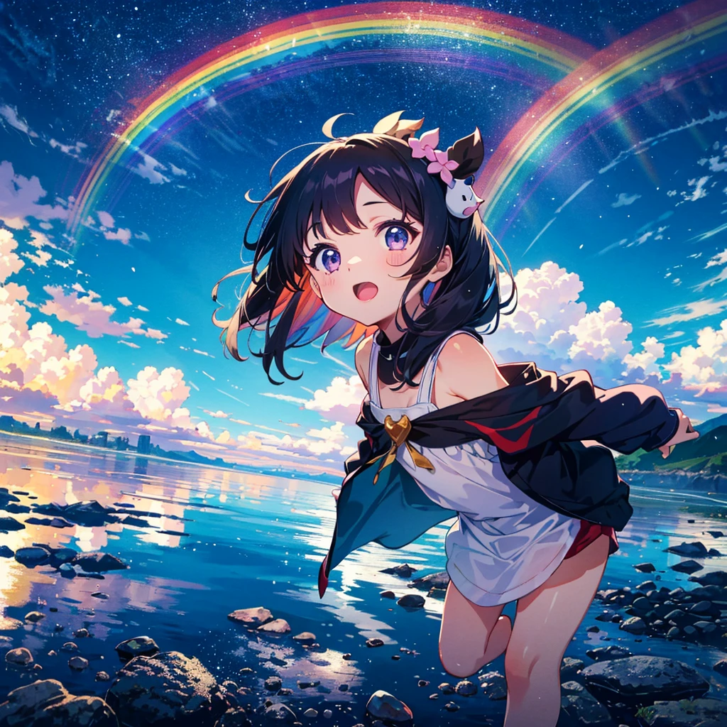 {{{Masterpiece, highest quality, high resolution background}}}, bright and beautiful atmosphere, 1 girl (7 , round face, baby facebreasts, scenery after the rain, scenery with a rainbow, summery clothes, rainbow A girl looking up, a mini-pig excited by the rainbow, a mini-pig looking up at the sky, "deltamon_sdXL :0.73) >Deltamon"