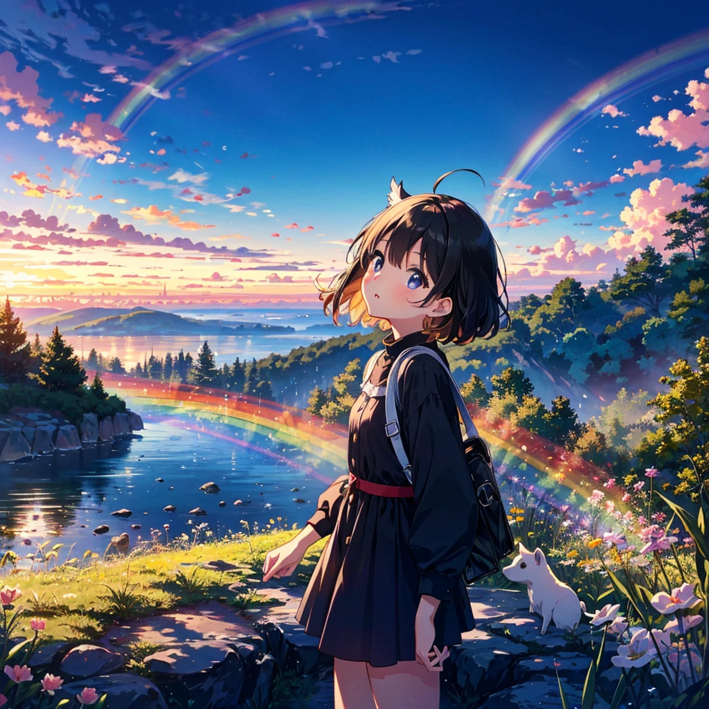 {{{Masterpiece, highest quality, high resolution background}}}, bright and beautiful atmosphere, 1 girl (5 years old, round face, baby face, young, child), small breasts, scenery after the rain, scenery with a rainbow, summer A cute costume, a girl looking up at a rainbow, a mini-pig excited about the rainbow, a mini-pig looking up at the sky, "deltamon_sdXL :0.73) >Deltamon"