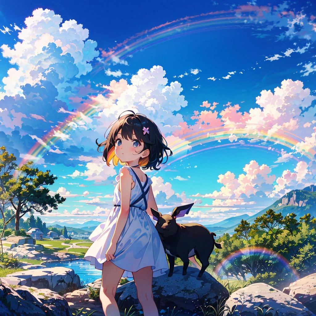 {{{Masterpiece, highest quality, high resolution background}}}, bright and beautiful atmosphere, 1 girl (7 years old, round face, baby face), small breasts, scenery after the rain, scenery with a rainbow, summery clothes, rainbow A girl looking up, a mini-pig excited by the rainbow, a mini-pig looking up at the sky, "deltamon_sdXL :0.73) >Deltamon"