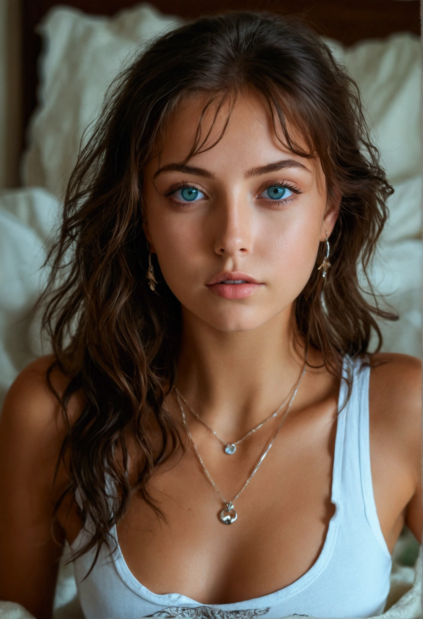 Woman wearing a white tank top and a necklace, Sexy girl with blue eyes, tanned skin fuck with boyfriend, Portrait Sophie Mudd, brown hair and large eyes, selfie of a young woman, bedroom eyes, Violet Myers, without makeup, Natural makeup, staring directly into camera, cara con artgram, subtle makeup, Impresionante foto de whole body, piercing green eyes, beautiful angle, attractive pose, Cute , pose sexy, Full body image, whole body, full body shoot, brunette goddess, High detail, Satisfied pose, leather pants