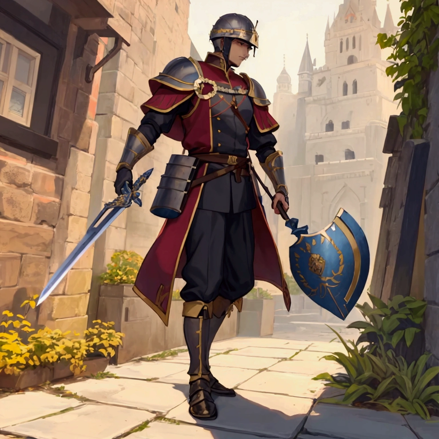 A man(Warriors of the European Middle Ages，Soldier，guardsman)，Wear a helmet，Wearing armor，Holding a sword，Holding a shield，Stand at the city gate。Mid-ground composition，Full body pictures，Characters and scenes，Anime illustration style，Magic style，Suitable for card illustrations。HD，4K。