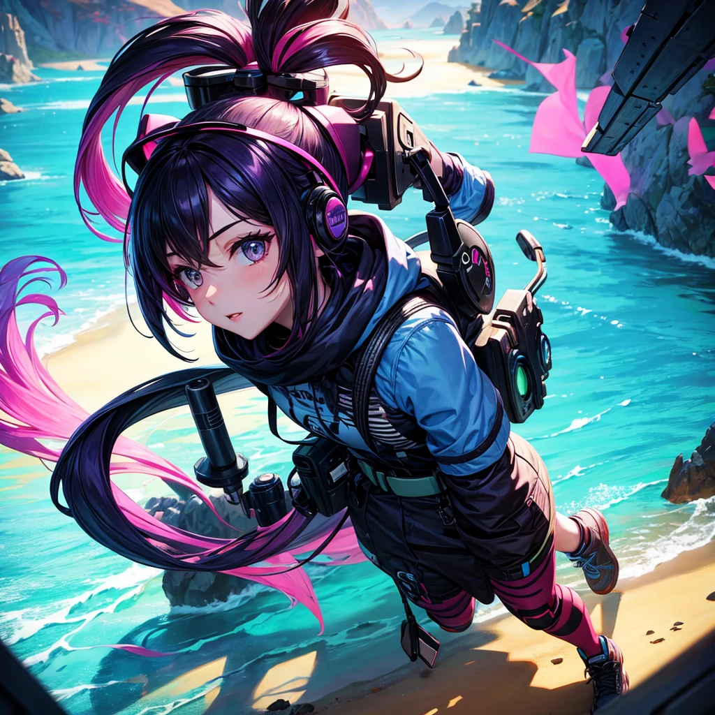  female gamer in a colorful setup  , coast silhouette 