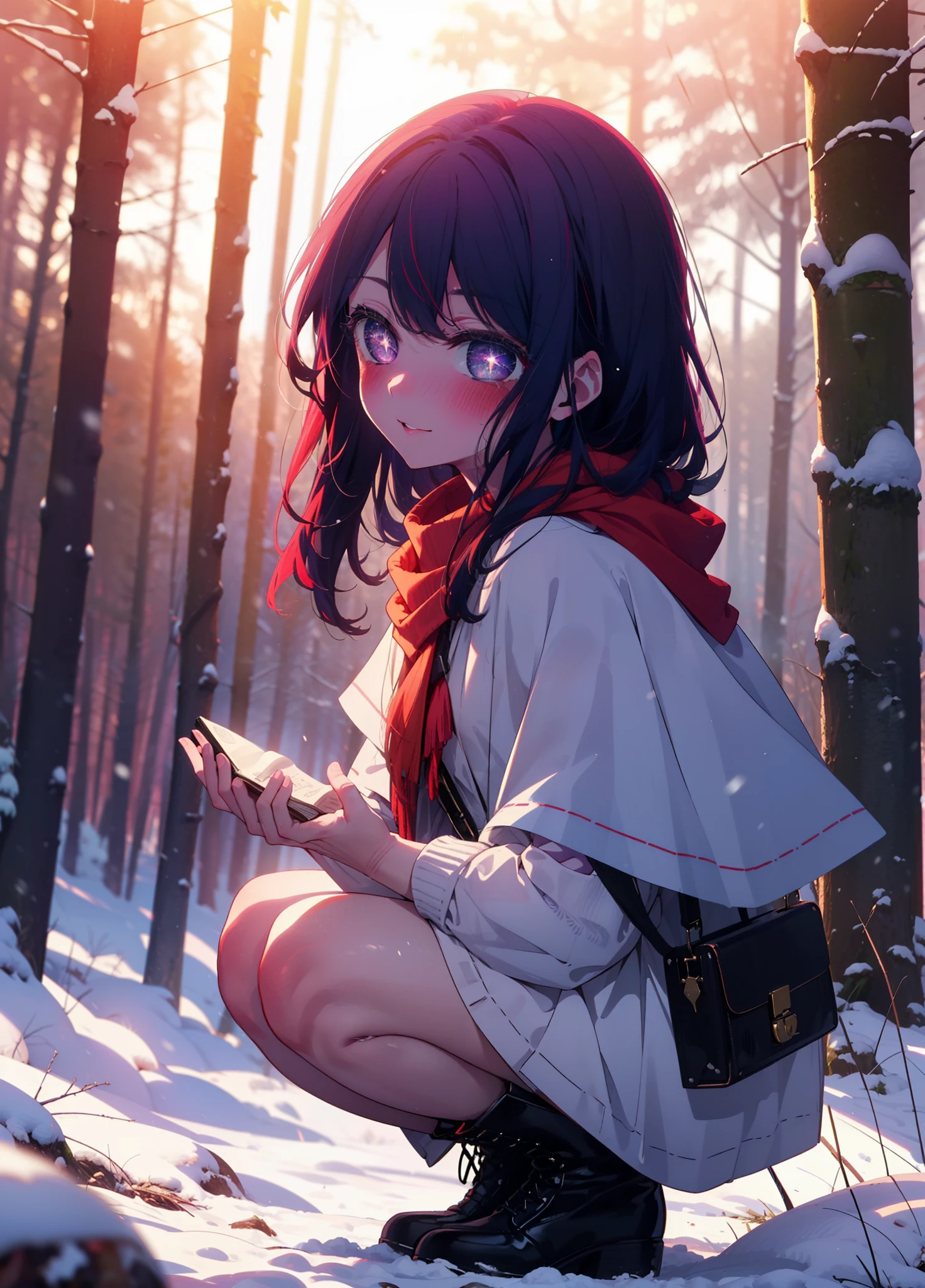 aihoshino, Ai Hoshino, Long Hair, bangs, (Purple eyes:1.1), Purple Hair, (Symbol-shaped pupil:1.5), smile,,smile,blush,white breath,
Open your mouth,snow,Ground bonfire, Outdoor, boots, snowing, From the side, wood, suitcase, Cape, Blurred, , forest, White handbag, nature, Squat, Mouth closed, Cape, winter, Written boundary depth, Black shoes, red Cape break looking at viewer, Upper Body, whole body, break Outdoor, forest, nature, break (masterpiece:1.2), Highest quality, High resolution, unity 8k wallpaper, (shape:0.8), (Beautiful and beautiful eyes:1.6), Highly detailed face, Perfect lighting, Highly detailed CG, (Perfect hands, Perfect Anatomy),