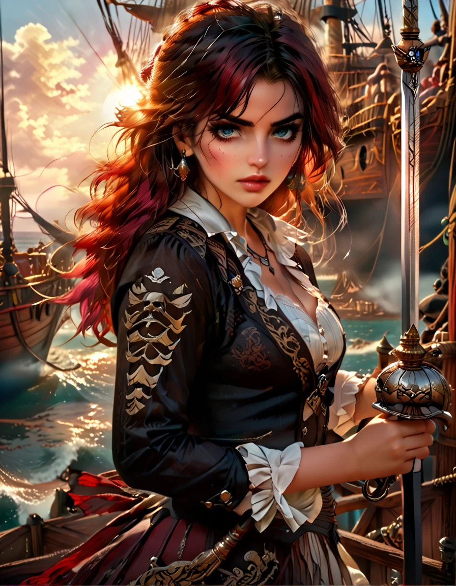 a portrait of a woman pirate holding a ((sword: 1.5)) on a pirate ship ready for battle, ((full body: 1.5)), ((anatomically correct: 1.5)), (ultra detailed face: 1.2), looking tense, looking dangerous,  dynamic eye color. dynamic hair color, dynamic hair style dynamic skin complexion, wearing 18th century white button shirt, busty , wearing  wearing high heeled boots, sunny day, sun rays, some clouds,18th century pirate ship background,  vibrant, Ultra-high resolution, High Contrast, (masterpiece:1.5), highest quality, Best aesthetics), best details, best quality, highres, 16k, (ultra detailed: 1.5), masterpiece, best quality, (extremely detailed) RAW, (ultra details, Masterpiece, best quality), Hyperrealism style, holding sword, Intense gaze, holding sword rapier