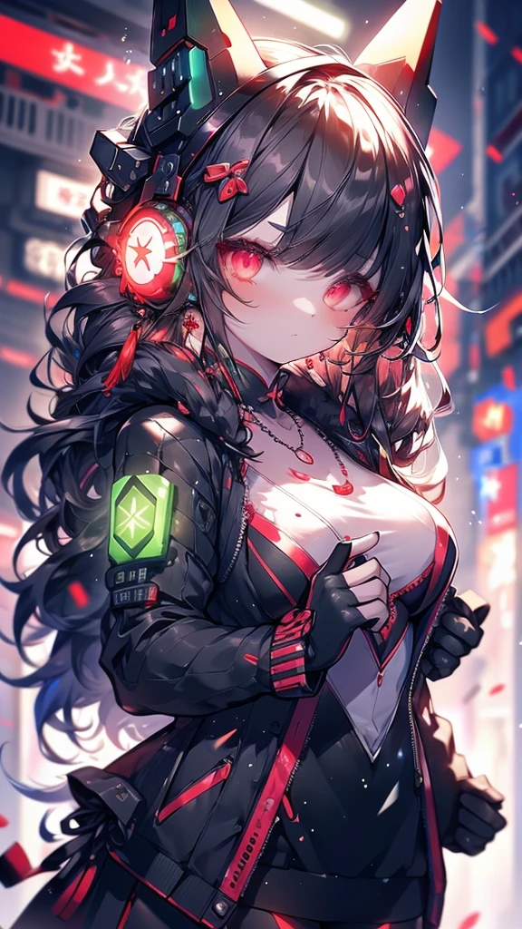 1 girl, Chinese_Red, Cyberhan, cheongsam, Cyberpunk  动态姿势, Detailed glowing headphones, Glowing Hair Accessories, Long hair, Luminous Earrings, luminous necklaces, Cyberpunk, Red, Clear black tulle, Black Ribbon