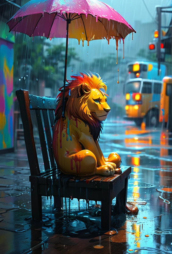 Splash Art, Cute Lion(anime, in the rain、Lion sitting on a chair, in the rainの涙, and sad, sad and , Emotional image, 死ぬ時のin the rainの涙のように, What is depression??, Dark illustration, rainの下, Dark Faceless Person々, sad, Dark and gloomy lighting, rain, Emotional concept art, he is sad, sadness personified、Stock chart in the background), wonderfulインスタグラム, Art Station, Colorful paint splash style+, Very detailed、Exquisitely crafted down to the last detail, Engine Unreal, wonderful, Details Complexity, Splash screen, Complementary Color, Realistic concept art, 8k resolution, deviantart masterpiece, Oil, Thick brushwork, Paint dripping, Splash Art