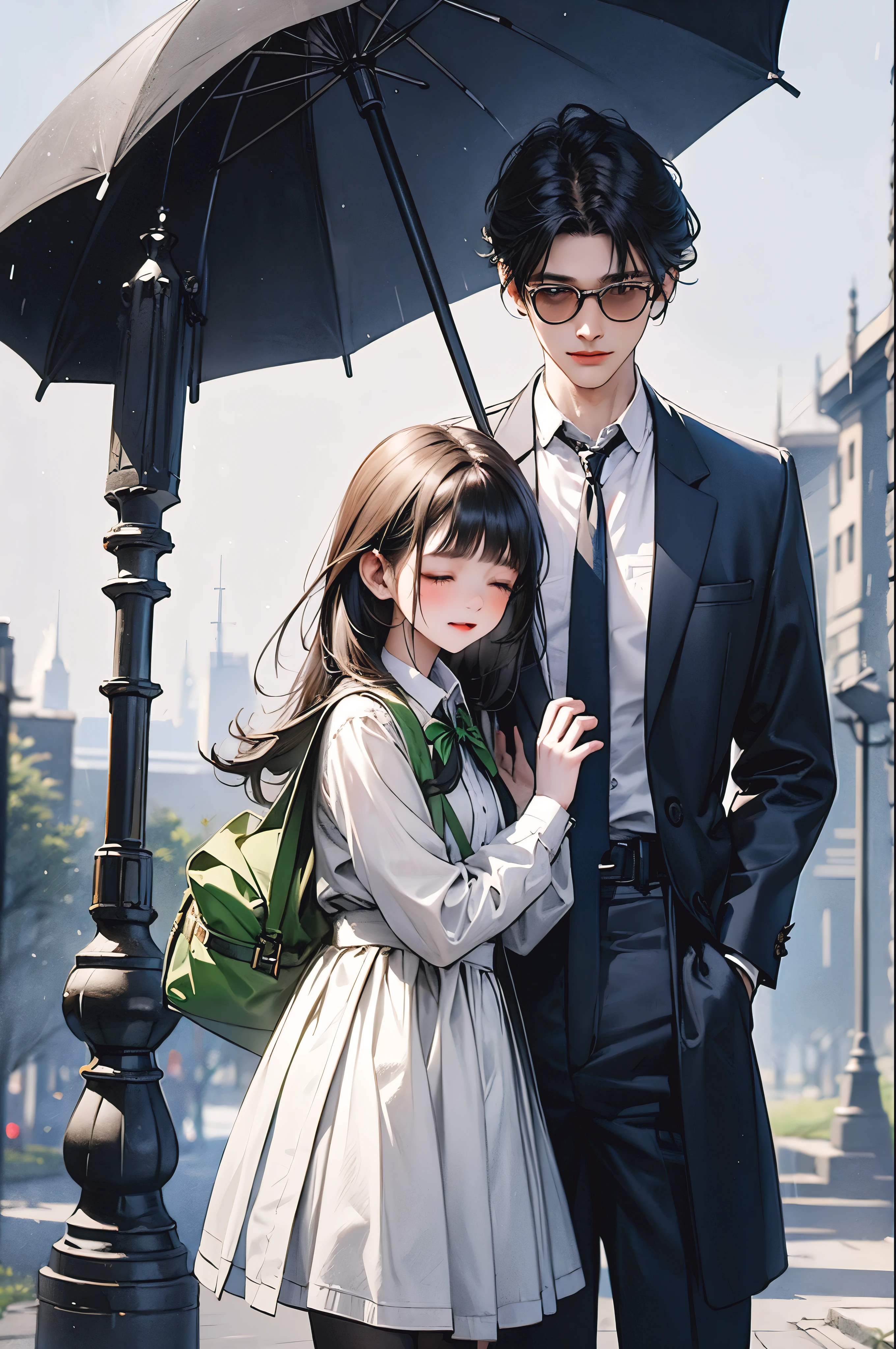 In a picturesque urban setting, the scene unfolds during a gentle rain shower at twilight. A young couple stands intimately close, sharing a clear umbrella that reflects the soft glow of street lamps. The boy, dressed casually in a green jacket and carrying a backpack, tenderly leans in, his forehead touching the girl’s. The girl, in a school uniform consisting of a white blouse and a dark skirt, gazes up at him with closed eyes, her long hair falling gracefully around her shoulders. The surrounding cobblestone street, lined with trees and vintage buildings, adds a touch of nostalgia to the romantic moment. Rain softly falls around them, creating a serene and magical atmosphere, as their shared umbrella shelters them, making them appear to be in their own little world amidst the tranquility of the evening.