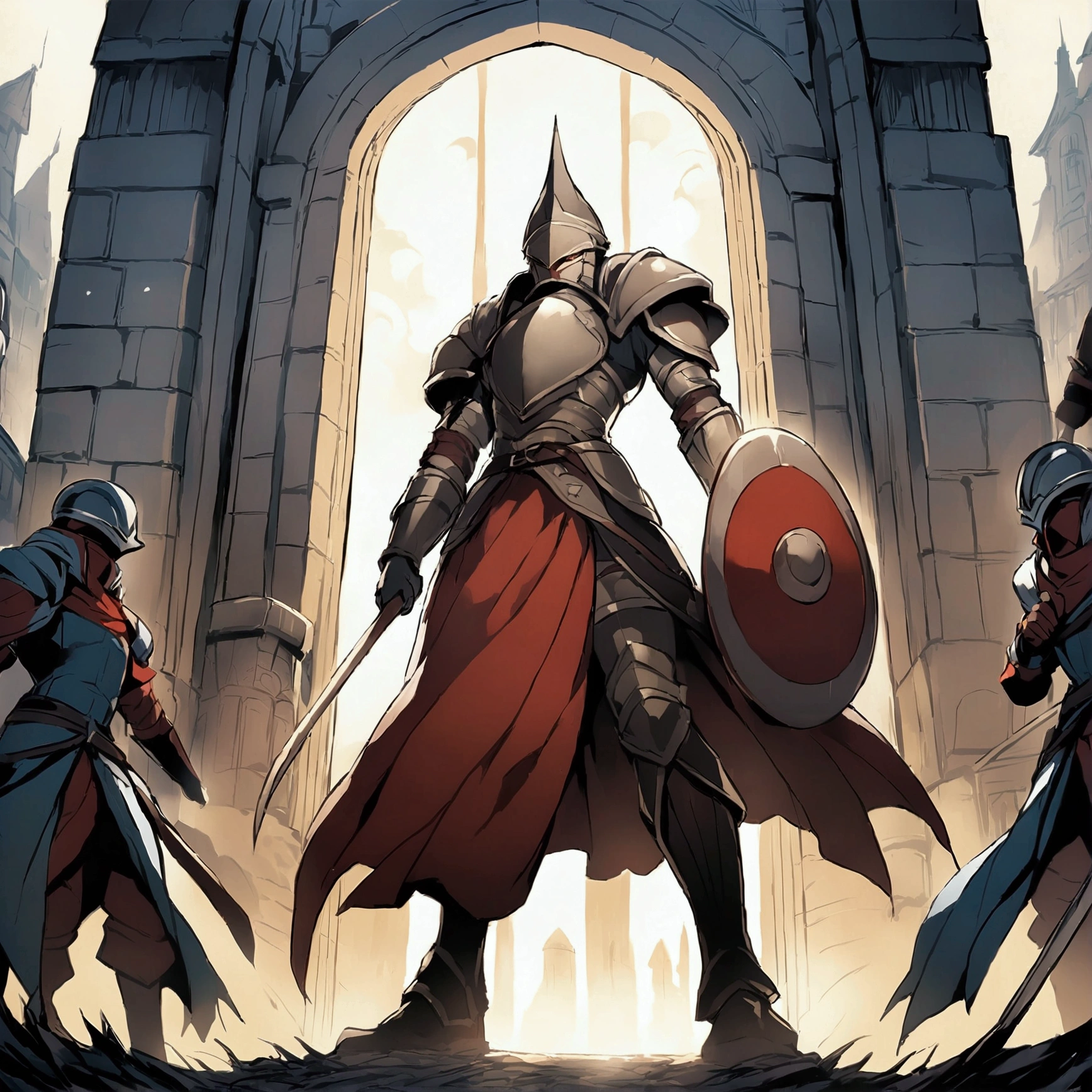 A man(Warriors of the European Middle Ages，Soldier，guardsman)，Wear a helmet，Wearing armor，Holding a sword，Holding a shield，Stand at the city gate。Mid-ground composition，Full body pictures，Characters and scenes，Anime illustration style，Magic style，Suitable for card illustrations。HD，4K。