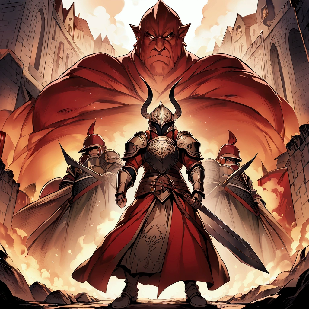 A man(Warriors of the European Middle Ages,Soldier,guardsman),Wear a helmet,Wearing armor,Holding a sword,Holding a shield,Stand at the city gate。Mid-ground composition,Full body pictures,Characters and scenes,Anime illustration style,Magic style,Suitable for card illustrations。HD,4K。