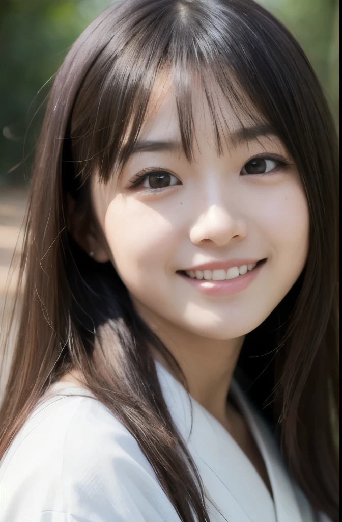 best quality, face focus, soft light, ultra high res, (photorealistic:1.4), RAW photo,(Shinozaki Ai), white skin, kawaii,
1 Japanese girl, solo, cute, (smile), (pupil, lights in the eyes), detailed beautiful face, Medium-sized breasts,(high resolution detail of human skin texture),(long hair),(portrait), upper body, white traditional kimono, in the forest,