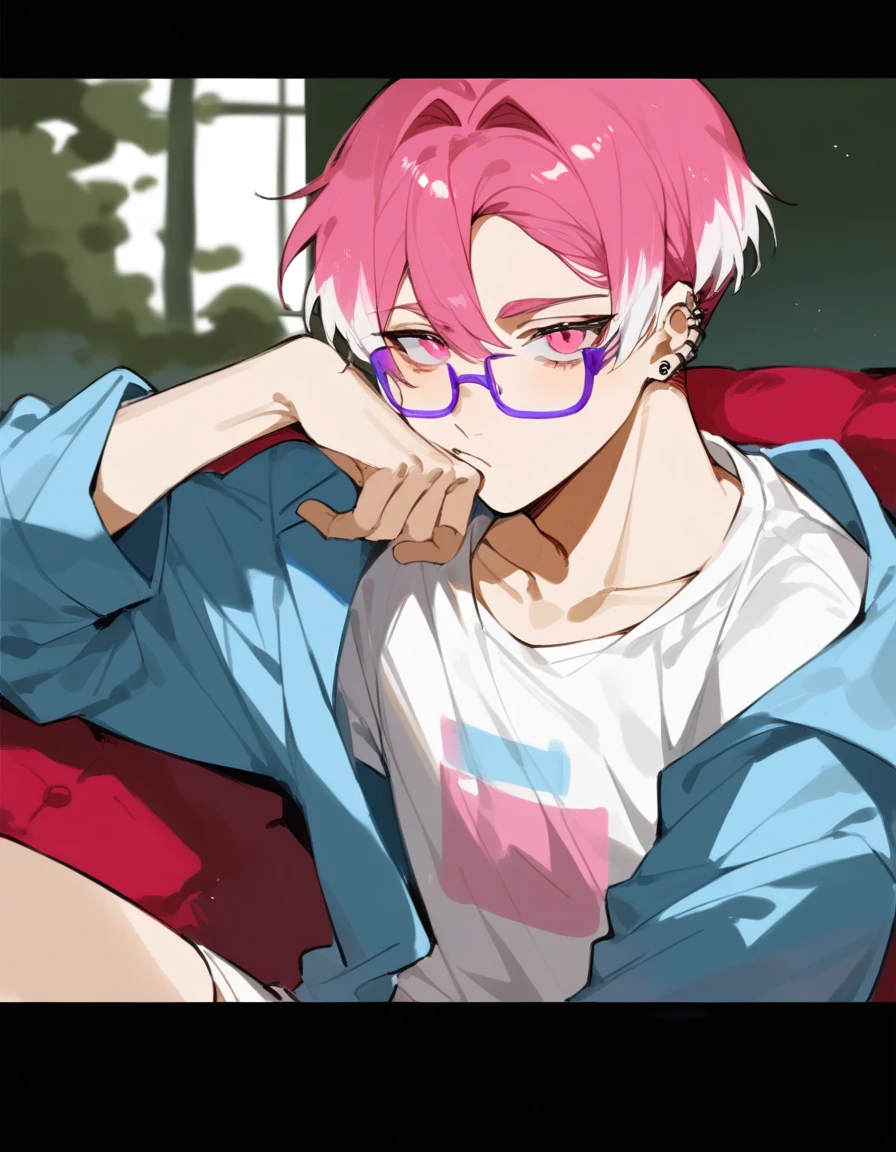 a young man with medium pink hair and some white highlights, UP TO THE NECK, piercings na orelha, hot pink eyes, wearing short clothes. your chin rests under your hands in a perverted way. the pink, red and orange are colors present in her sexy and short outfit, next to clear and purple glasses. He smiles mischievously and seductively, sitting on the big sofa with elbow on the arm of the sofa. femboy, 精致的面容. white short shorts, short pink t-shirt, open light blue jacket. sexy boy.