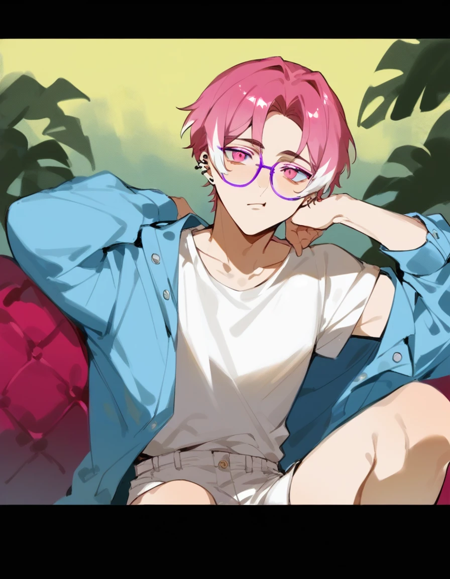 a young man with medium pink hair and some white highlights, UP TO THE NECK, piercings na orelha, hot pink eyes, wearing short clothes. your chin rests under your hands in a perverted way. the pink, red and orange are colors present in her sexy and short outfit, next to clear and purple glasses. He smiles mischievously and seductively, sitting on the big sofa with elbow on the arm of the sofa. femboy, 精致的面容. white short shorts, short pink t-shirt, open light blue jacket. sexy boy.
