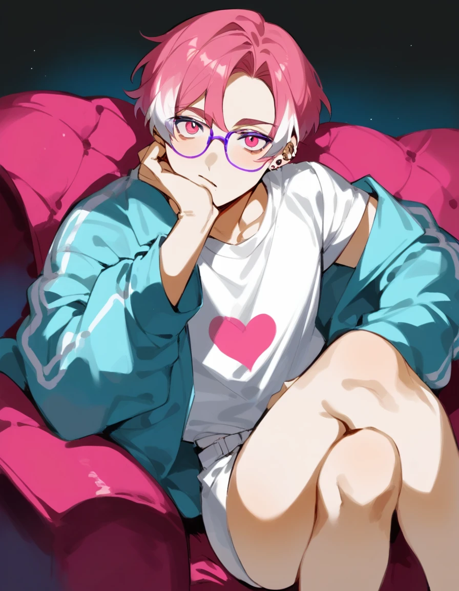 a young man with medium pink hair and some white highlights, UP TO THE NECK, piercings na orelha, hot pink eyes, wearing short clothes. your chin rests under your hands in a perverted way. the pink, red and orange are colors present in her sexy and short outfit, next to clear and purple glasses. He smiles mischievously and seductively, sitting on the big sofa with elbow on the arm of the sofa. femboy, 精致的面容. white short shorts, short pink t-shirt, open light blue jacket. sexy boy.
