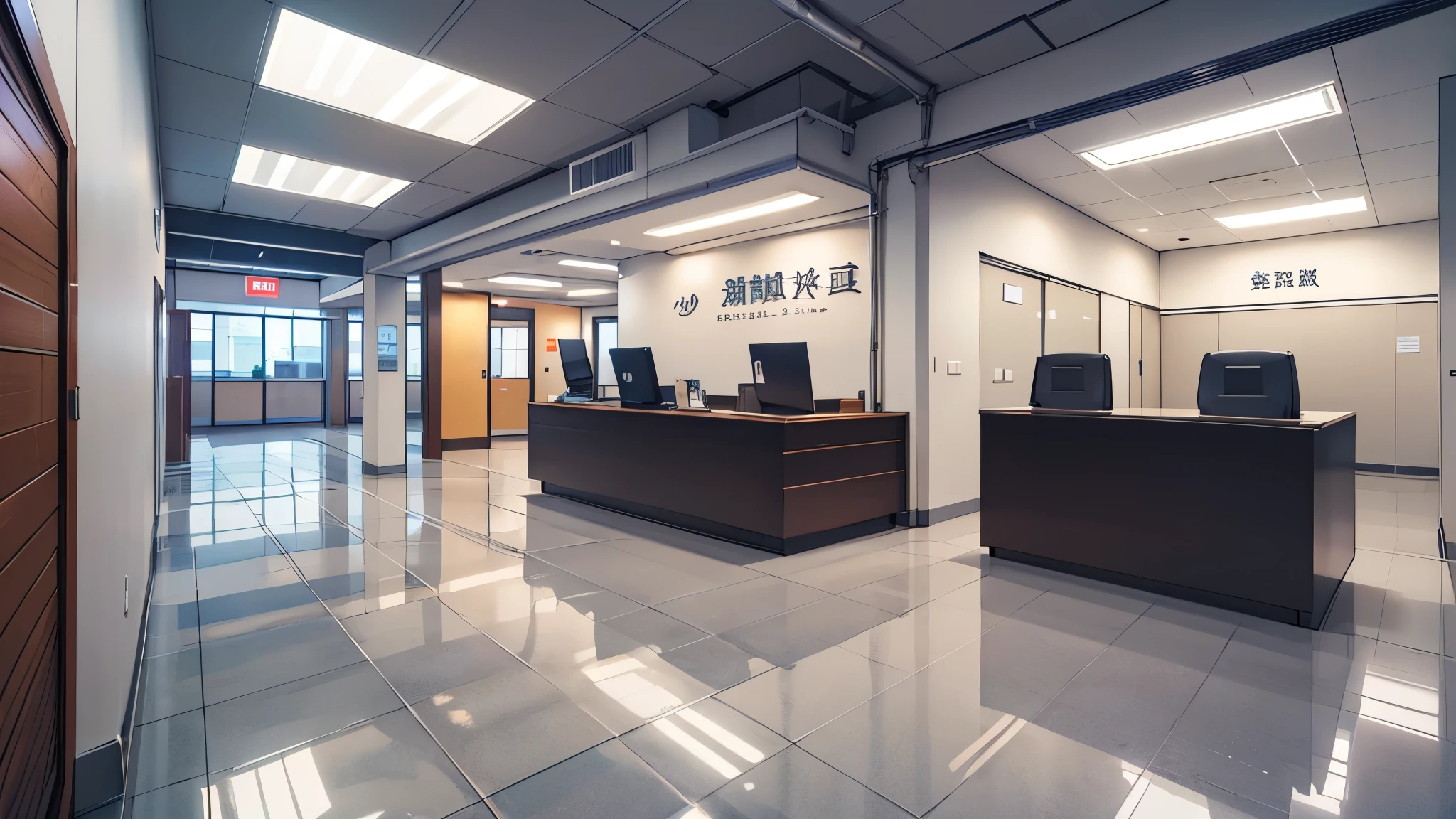 High level of image quality、Bright,clean,Warmth,Company lobby,front desk,cartoon,Empty scene