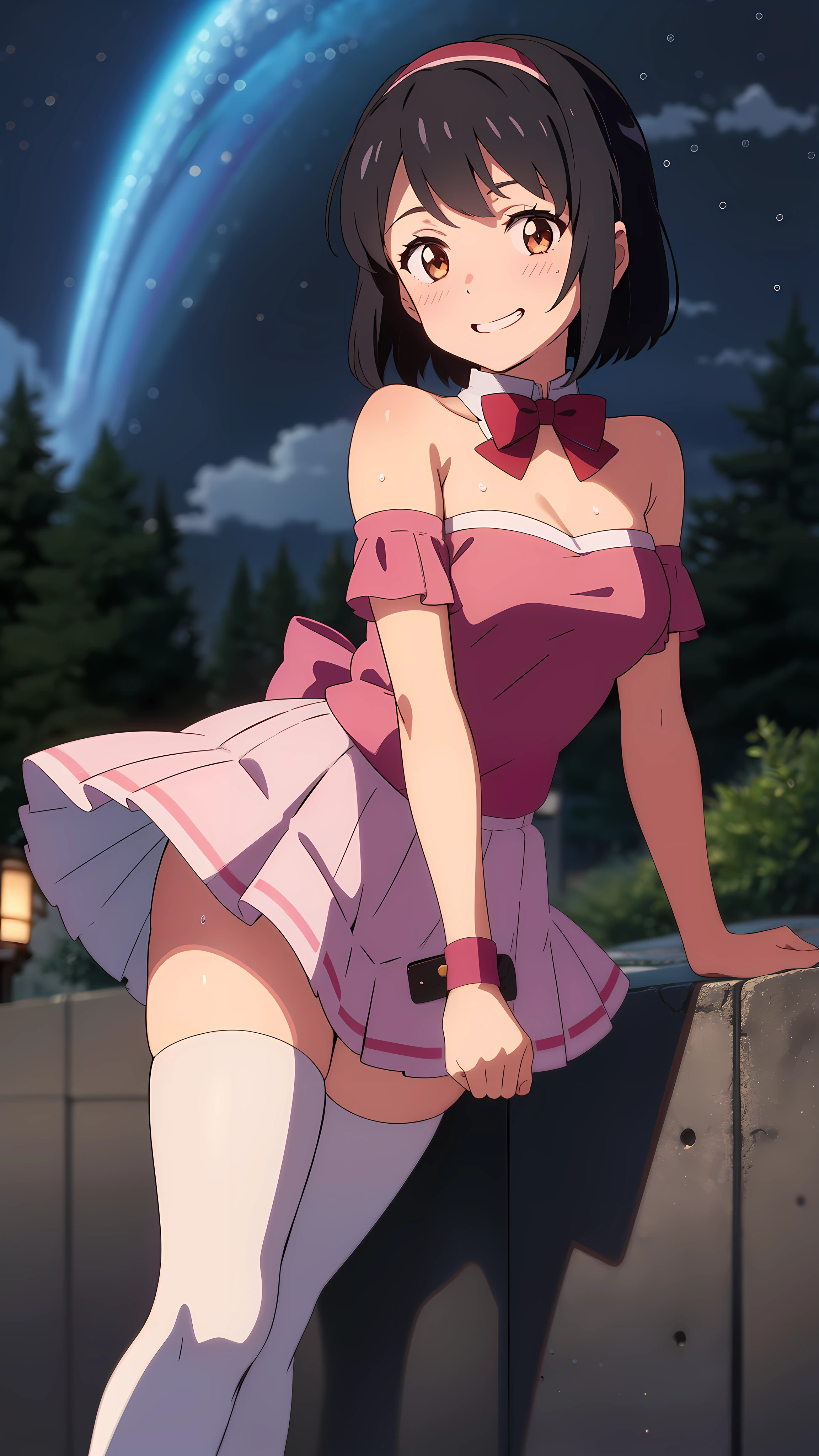 shinkai makoto, kimi no na wa., 1girl, bangs, black hair, blush, brown eyes, perfect face, looking at the viewer, Pink ruffled clothing, off shoulder strapless, miniskirt, detached collar, red headband, red ribbon, red bow, mini skirt, black thighhighs, short hair, solo, shinny skin, smile, cute, grin, cloudy, night sky, night background, forest, sweat, (masterpiece), best quality