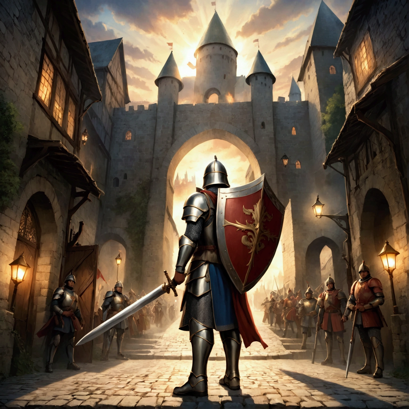 A man(Warriors of the European Middle Ages,Soldier,guardsman),Wear a helmet,Wearing armor,Holding a sword,Holding a shield,Stand at the city gate。Mid-ground composition,Full body pictures,Characters and scenes,Anime style,Magic style,Suitable for card illustrations。HD,4K。