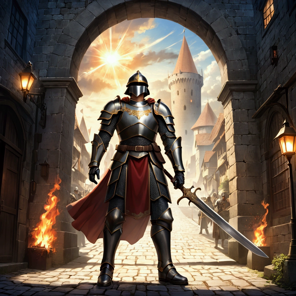 A man(Warriors of the European Middle Ages，Soldier，guardsman)，Wear a helmet，Wearing armor，Holding a sword，Holding a shield，Stand at the city gate。Mid-ground composition，Full body pictures，Characters and scenes，Anime style，Magic style，Suitable for card illustrations。HD，4K。