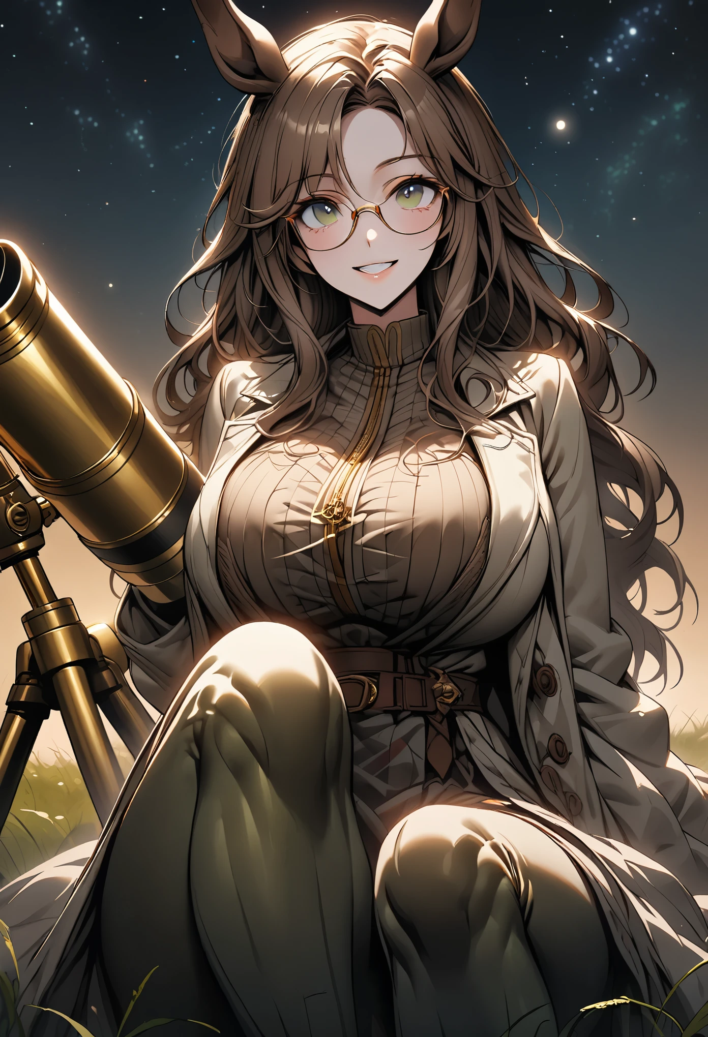 solo, female, close up:1.2, long wavy hair, brown hair, dark green eyes, centaur girl sitting on the ground, huge woman, brown horse ears, huge breasts, scholar, modest clothes, night sky, wide smile, ((huge brass telescope on tripod)), starry sky, grassy field, night, coat, glasses, horse lower body, horse legs