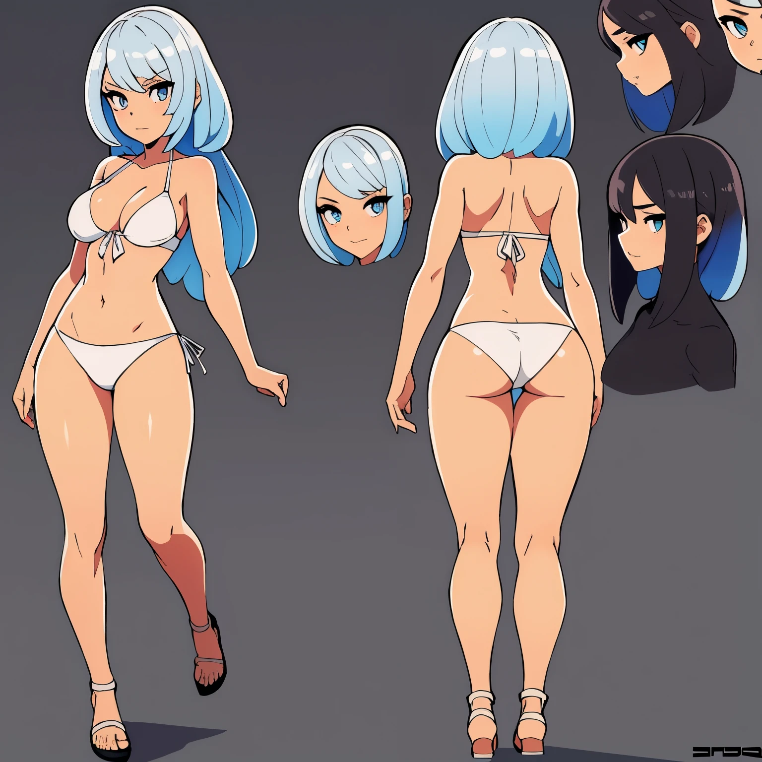 a beautiful young woman,1girl,full body view,front and side view profile,standing,wearing a white bikini,sandals,detailed face,beautiful eyes,long eyelashes,detailed facial features,detailed skin texture,(best quality,4k,8k,highres,masterpiece:1.2),ultra-detailed, character designer sheet, model sheet ,intricate details,dramatic lighting,vibrant colors,cinematic composition