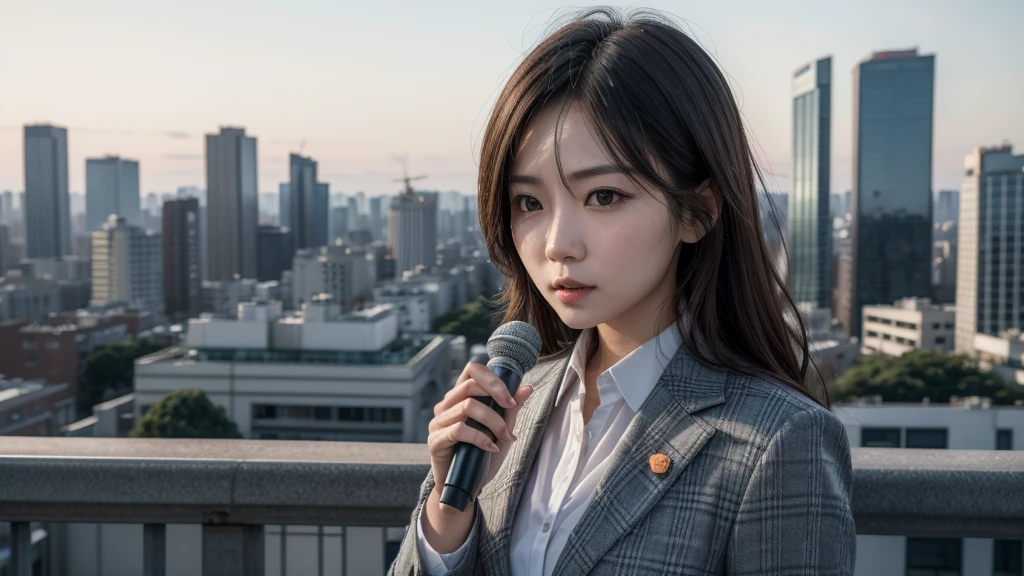 "A high-quality image of a Japanese reporter, dressed in a professional suit, standing in front of a modern cityscape. The background features iconic Japanese architecture and bustling city life. The reporter is holding a microphone and has a serious yet approachable expression. The scene is well-lit with a crisp, clear atmosphere, showcasing the vibrant colors and details of the surroundings. Photorealistic, ultra-detailed, 4K resolution."
