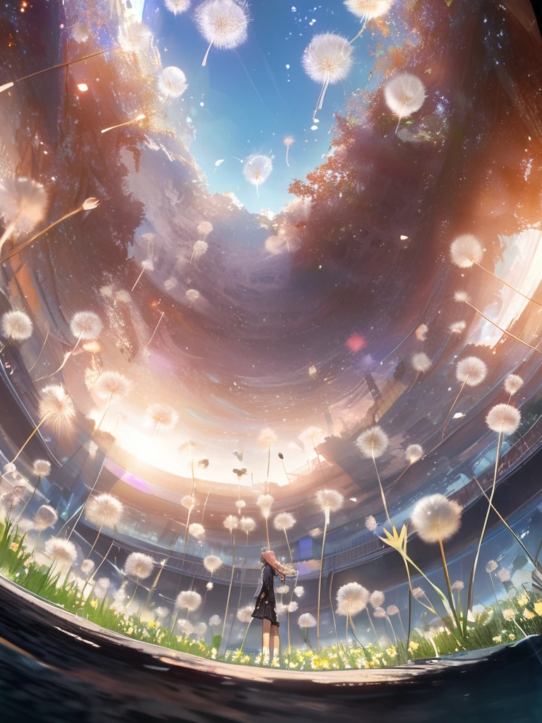 quality\(8k,wallpaper of extremely detailed CG unit, masterpiece,hight resolution,top-quality,top-quality real texture skin,hyper realisitic,increase the resolution,RAW photos,best qualtiy,highly detailed,the wallpaper,cinematic lighting,ray trace,golden ratio\), BREAK ,solo,1girl/(cute, seductice, tight mini skirt,hair floating,hair color cosmic,hair shining brightly,braid hair,hair messy,dandelion hairbow,eye color cosmic,big eyes,pale skin,big breast,(dynamic angle:1.4),full body,dynamic pose,detailed face,vivd color,blowing dandelion seeds,smile\),background\(outdoor, many dandelion flowers,many dandelion seeds in the sky,park,(dynamic angle:1.5)\),(from front:1.8),please draw hands correctly ,(from below:1.5),(ground level shot:1.5),(from directly below:1.5)