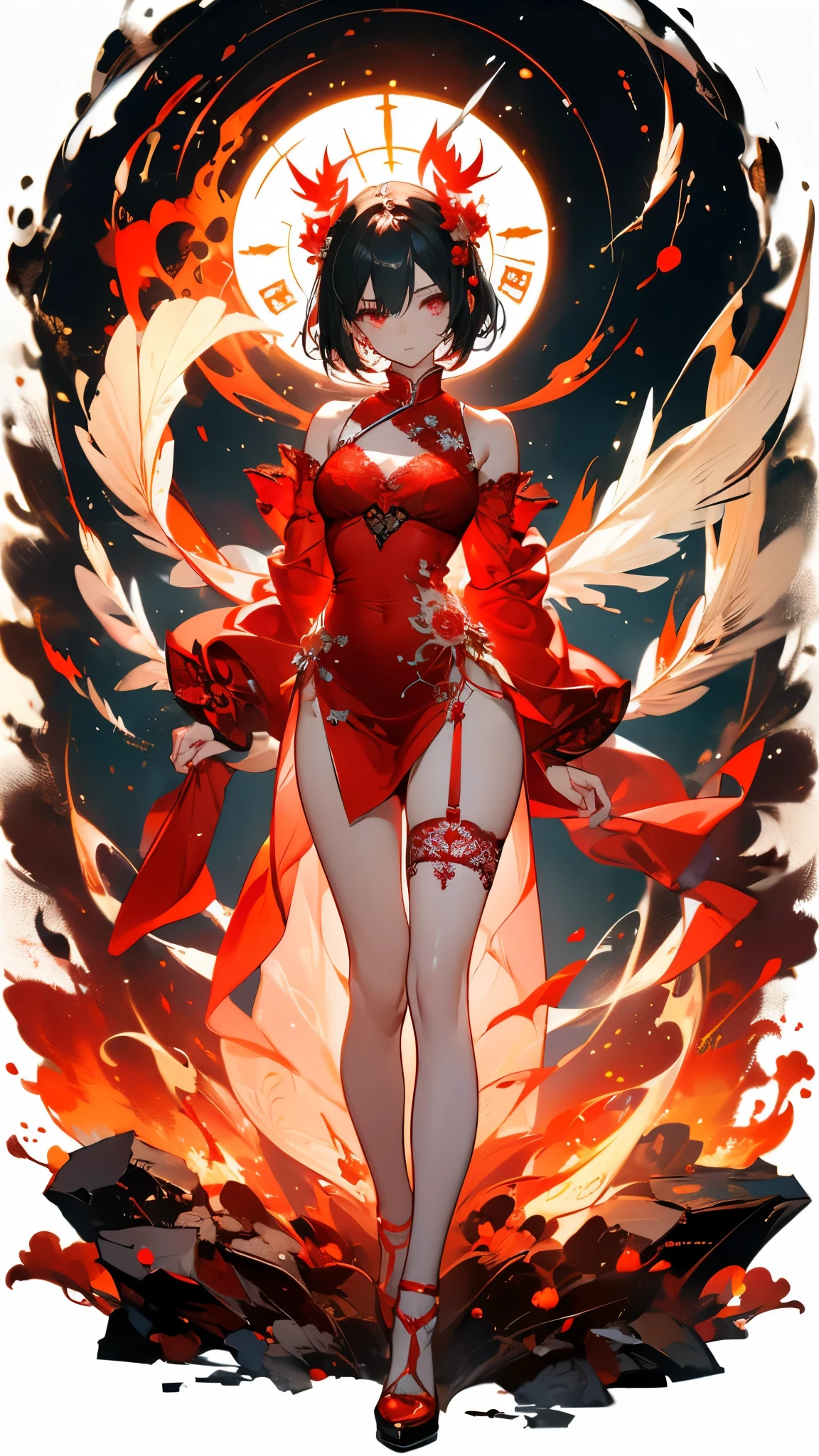 ((masterpiece, best quality)), Delicate face,Chinese Girl,whole body,Standing picture,Perfect body proportions,Long legs,Short hair handsome,Beautiful red glowing eyes,Fantasy style,White background,Extremely beautiful,transparent,Sexy Lingerie,sexly,Flame Rose,Tattoo,Lace,flaming Phenix,feather-adorned,Charm