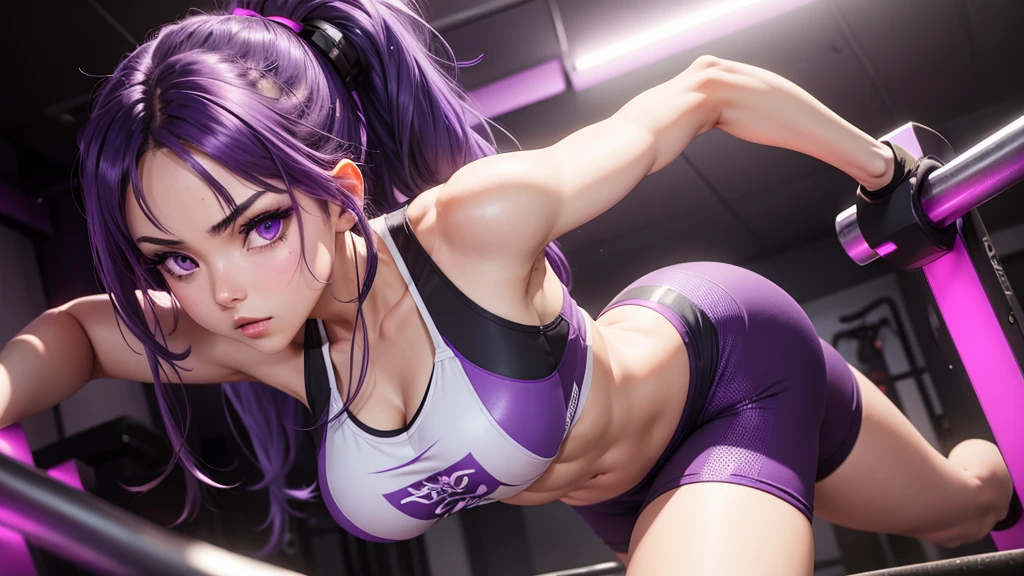 Sexy anime girl at the gym with purple hair, purple eyes, and with purple neon lights background