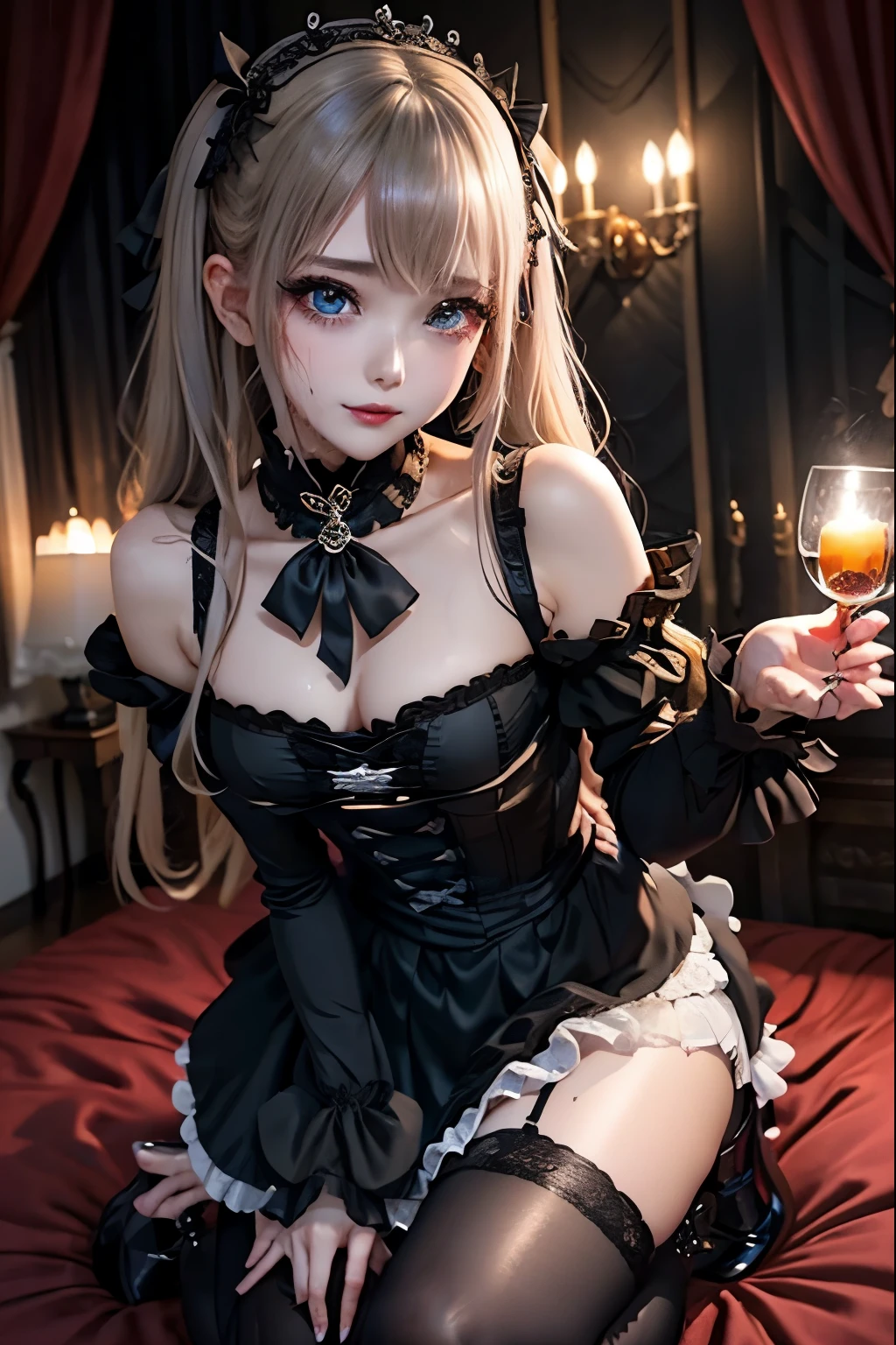 ハードなDark Gothicメイク、Black dark eyeshadow、sad、Good skin radiance、Dark Gothicメイク、Dark smile、palace、The beauty of fragrance、24-years-old、Expressions of intense sexual pleasure、Embarrassed look、Dark Gothic、Highest quality、Expression of sexual pleasure without pain、Drunk face、Purple maid outfit、mysterious、noble、Loving smile、Twin tail hair、Right eye is blue、Left eye is red、Super tempting pose、Platform heel shoes、Heavy makeup、Gothic ta Clothing、Silver Hair、Long Hair Straight Hair、Cute Gothic Loliress、Beautiful Face、Elegant face、Attractive face、Stained glassの背景、Chest glistening with sweat、The room is dark、goth long dress、Bell Sleeves、Wizard Sleeve、Decadent look、Sexually excited expression、Wet shiny thigh water、Thighs that are wet and shiny with oil、Background of a room full of roses、Sad look、Rose Maiden、The embroidery is pink、The dress has pink embroidery.、Thigh-high socks、Knee-high socks、Gentle expression、Dark black eyeshadow、Stained glassとバラの背景、Thighs are a little thin、Female Duo、Female couple、dark church background、Stained glass、Black metal world、Dark Castle、Dark Room、Slender body、gothic long dress、Victorian dress、Small breasts、With a glass of wine in your right hand、With a lantern in his left hand、The bed is covered with roses、Her thighs are shining with sweat、My body is wet and shiny、There is a lot of glitter on the thighs、I am sweating、My thighs are sticky with sweat.、My thighs are glistening with sweat、My whole body is sweaty and shiny、I sweated a lot.、My thighs are sweaty、My wet thighs are glistening with sweat.、There is a lot of sweat shining all over my body、Slender body、I rest my head on the pillow、Sleeping in bed、Beautiful legs、Outstretched legs、Lying in bed、Lying on your back in bed、On all fours、Knee Up、Kneel、Put your arms behind your back、Kneeling on the bed、Super beautiful straight hair、Straight hair to the ends、Straight Perm Hair、Show off your thighs、Sit on the bed、Ass on the bed、Sitting with legs apart、