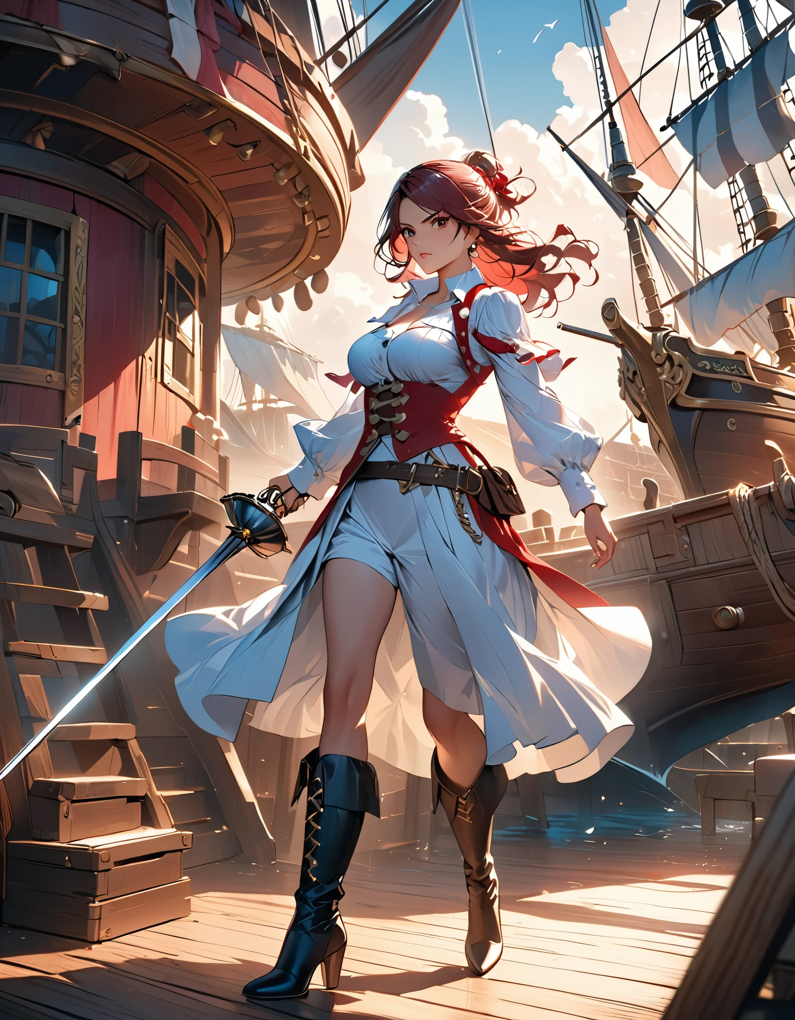 a portrait of a woman pirate holding a ((sword: 1.5)) on a pirate ship ready for battle, ((full body: 1.5)), ((anatomically correct: 1.5)), (ultra detailed face: 1.2), looking tense, looking dangerous,  dynamic eye color. dynamic hair color, dynamic hair style dynamic skin complexion, wearing 18th century white button shirt, busty , wearing  wearing high heeled boots, sunny day, sun rays, some clouds,18th century pirate ship background,  vibrant, Ultra-high resolution, High Contrast, (masterpiece:1.5), highest quality, Best aesthetics), best details, best quality, highres, 16k, (ultra detailed: 1.5), masterpiece, best quality, (extremely detailed) RAW, (ultra details, Masterpiece, best quality), Hyperrealism style, holding sword, Intense gaze, holding sword rapier