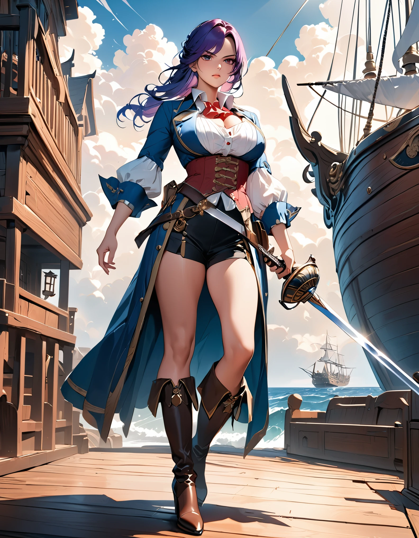 a portrait of a woman pirate holding a ((sword: 1.5)) on a pirate ship ready for battle, ((full body: 1.5)), ((anatomically correct: 1.5)), (ultra detailed face: 1.2), looking tense, looking dangerous,  dynamic eye color. dynamic hair color, dynamic hair style dynamic skin complexion, wearing 18th century white button shirt, busty , wearing  wearing high heeled boots, sunny day, sun rays, some clouds,18th century pirate ship background,  vibrant, Ultra-high resolution, High Contrast, (masterpiece:1.5), highest quality, Best aesthetics), best details, best quality, highres, 16k, (ultra detailed: 1.5), masterpiece, best quality, (extremely detailed) RAW, (ultra details, Masterpiece, best quality), Hyperrealism style, holding sword, Intense gaze, holding sword rapier