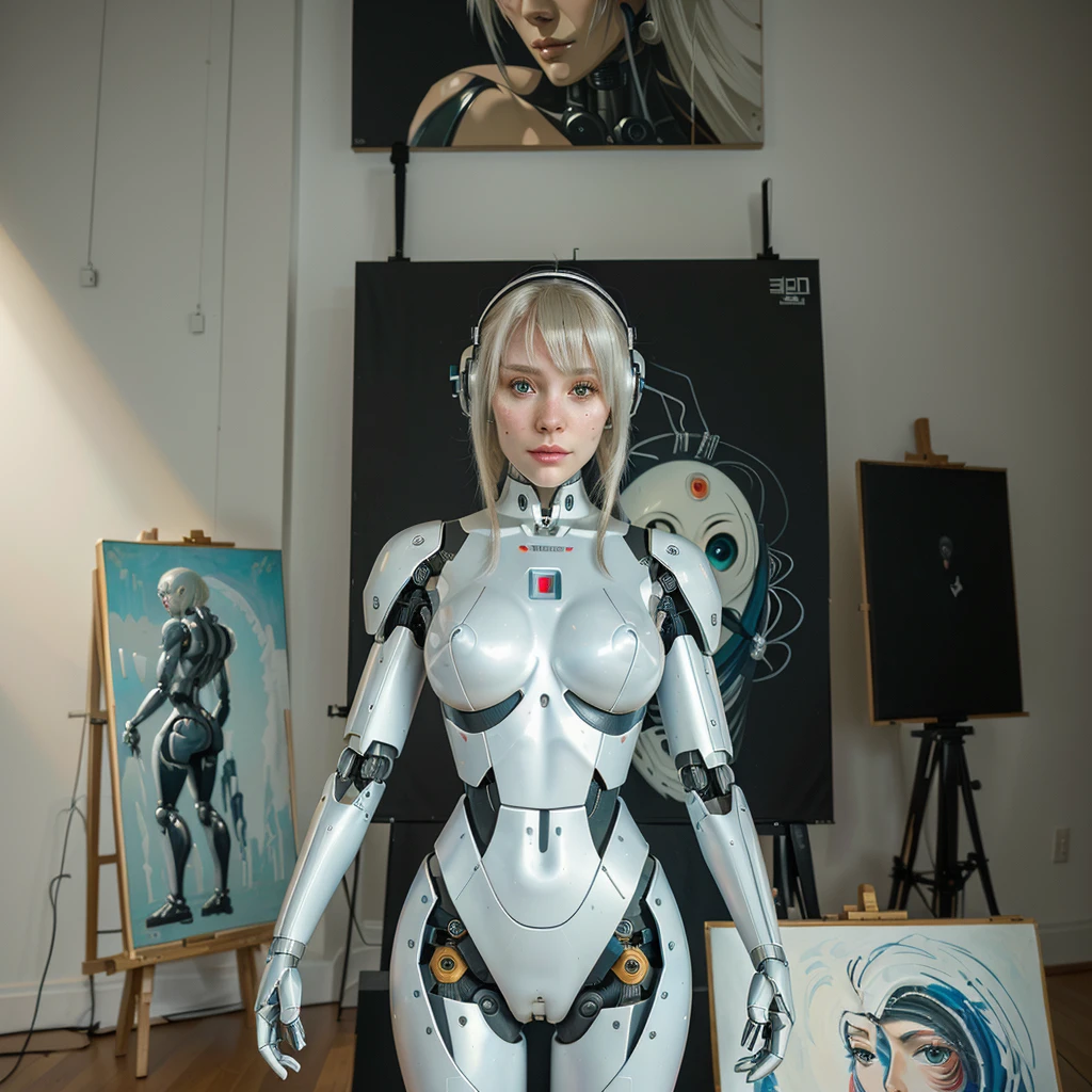 there is a robot standing in front of a painting on an easel, portrait of a hungry artist, Humanized Humachine Experiment, robotic anime mixed with organic, Female Robot, Designed like a ghost in the shell., Fully robotic!! Girl, robot Girl, beutiful white Girl cyborg, perfect cyborg woman, gynoid cyborg body, Cyborg fashion model
