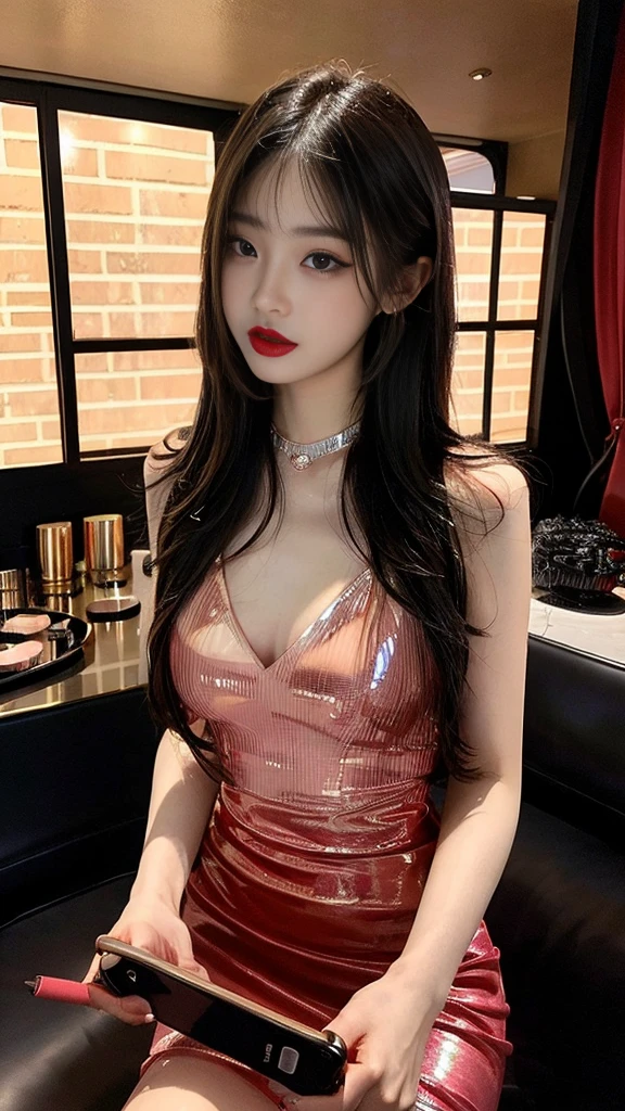 (high quality), (NSFW:1.2), (1 korean girl), (24_years_old), (sexy feminine dress :1.4), (girl's shiny stocking :1.3),(girl's accesary :1.1), (she is glamorous and mature call girl), (she is modifyher make up with lipstick and cosmetic :1.4), (hand mirror on the table), (prostitute : 1.5), (Her smartphone display shows a number of her guests chatting with her.:1.4), (adult koreans :1.4), ktv private room