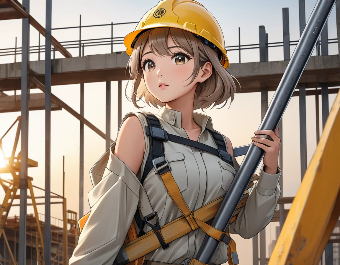 top of construction site made of Steel bars and concrete, masterpiece, top quality, highly detailed illustration, incredibly delicate and beautiful,8K,anime,A Beautiful Asian woman dressed in work clothes is standing at the construction site,((She is carrying a Steel bars on her shoulder and supporting it with both hands)),ultra-detailed face,detailed eyes,brown eyes,gradient eyes,short hair,milktea beige hair,lash extension,The woman is wearing a yellow helmet,Focus on the woman,Sweat,Cowboy Shot,peaceful,rim light,Dynamic Angle