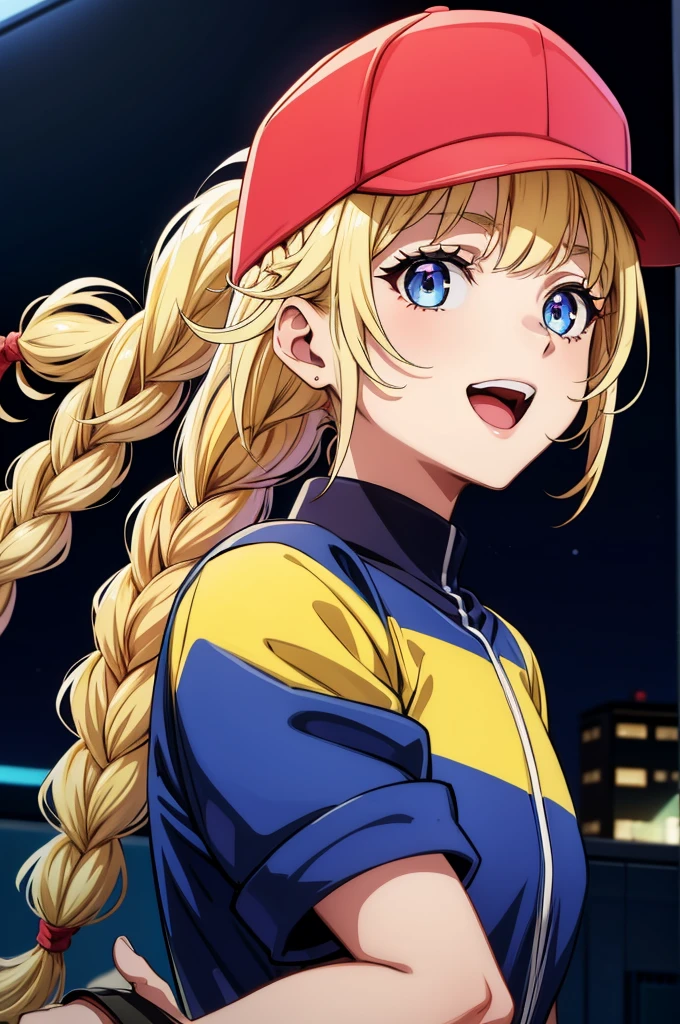 male anime voice talking with the music on a screen behind it, the words on the screen have red and purple, 1girl, microphone, hat, holding microphone, blonde hair, blue eyes, long hair, solo, braid, open mouth, twin braids, baseball cap, jacket, multicolored jacket, smile, holding, multicolored clothes, white shirt, bangs, looking at viewer,Eiko Tsukimi, blue eyes, braid, twin braid, (((blonde hair))), long hair, baseball cap
