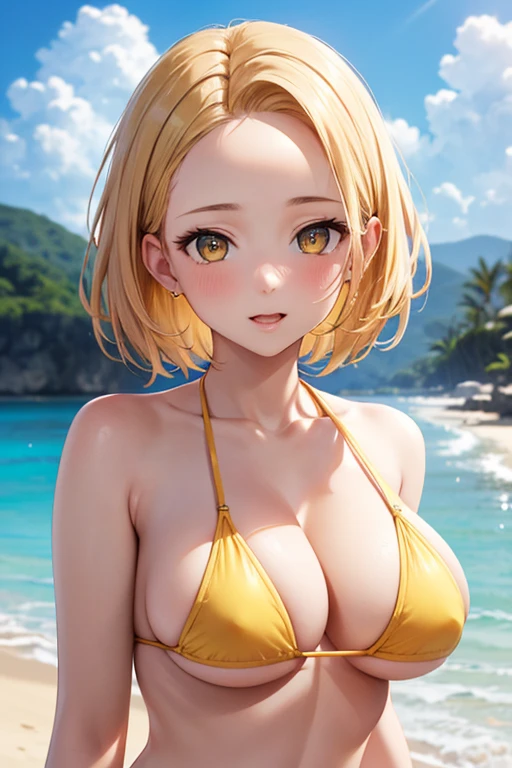 One Woman, Highest quality, masterpiece, Super Resolution, Large Breasts, Idol, Beauty, ((From the front 1.2)), Cleavage, 8k, High resolution eyes, High-resolution contours, ((Forehead visible 1.3)), Stylish, High-resolution pupils, blush, High resolution face, High resolution breasts, Ultra HD, Open your mouth, Upper Body, High resolution mouth, Sexy body, ((Cool face 1.5)), ((Hanging 1.3)), short hair, Broken bangs, Blonde, Yellow Eyes, model, Mature Woman, Adult women, Beautiful clavicle, High resolution hair, Mother, maternal, Micro Bikini, Underboob, Sideboob, Beach,