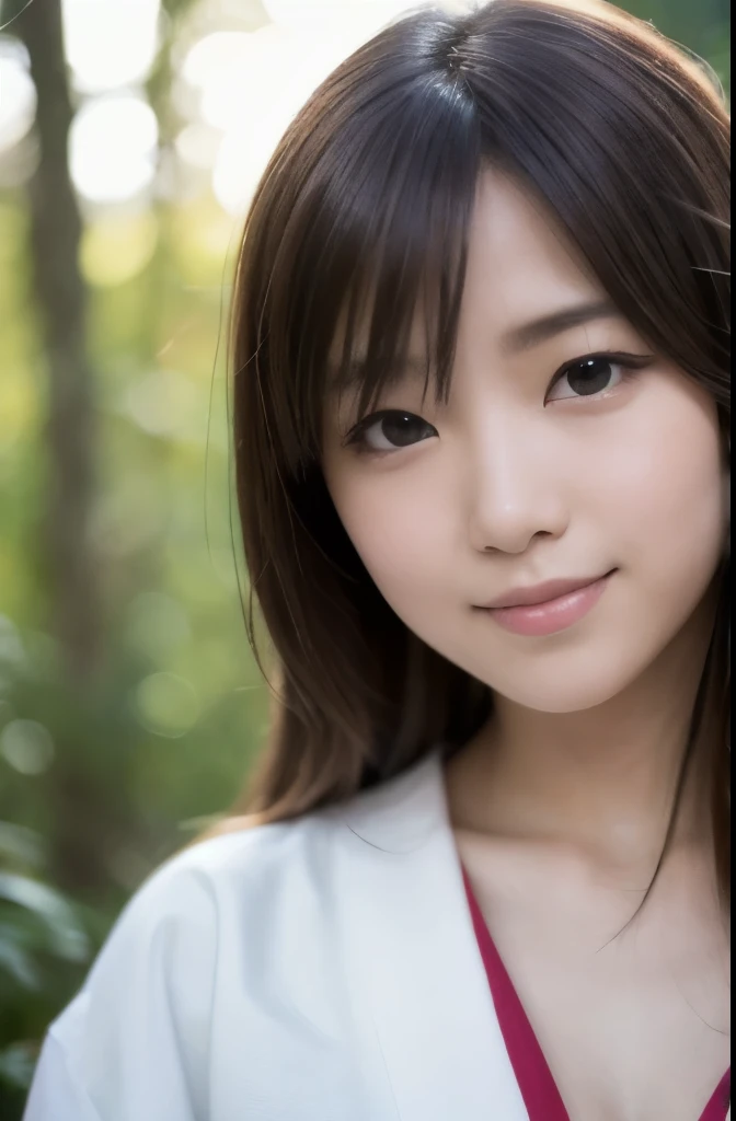 best quality, face focus, soft light, ultra high res, (photorealistic:1.4), RAW photo,(Shinozaki Ai), white skin, kawaii,
1 Japanese girl, solo, cute, (smile), (pupil, lights in the eyes), detailed beautiful face, Medium-sized breasts,(high resolution detail of human skin texture),(long hair),(portrait), upper body, white traditional kimono, in the forest,