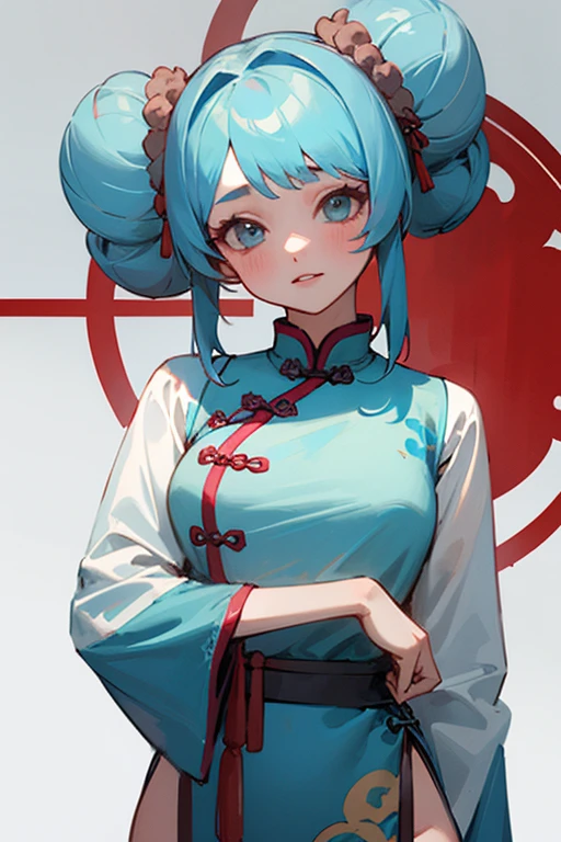((Highest quality)), ((masterpiece)), (detailed), One girl, sexy,Chinese clothing,Two buns hair,Light blue hair