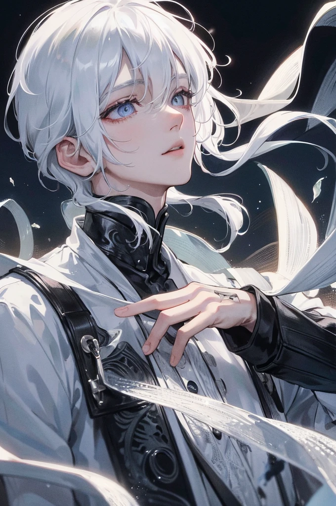 Surrounded by mysterious and enchanting scenery, There is a boy with white hair, Sparkling on dark background, Night of Contemplation. His eyes, Dark as the abyss, Unveil the unknown, Full of mystery. Adopting He Jiaying's unique dark white and light black style decoration, His attire contrasts sharply with his surroundings, Evoke an ancient and mysterious atmosphere.
In the foreground, A close-up of his face shows the intricate texture and precise, Realistic brushstrokes. His Asian features - a perfectly symmetrical nose,