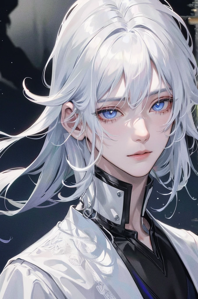 Surrounded by mysterious and enchanting scenery, There is a boy with white hair, Sparkling on dark background, Night of Contemplation. His eyes, Dark as the abyss, Unveil the unknown, Full of mystery. Adopting He Jiaying&#39;s unique dark white and light black style decoration, His attire contrasts sharply with his surroundings, Evoke an ancient and mysterious atmosphere.

In the foreground, A close-up of his face shows the intricate texture and precise, Realistic brushstrokes. His Asian features - a perfectly symmetrical nose,