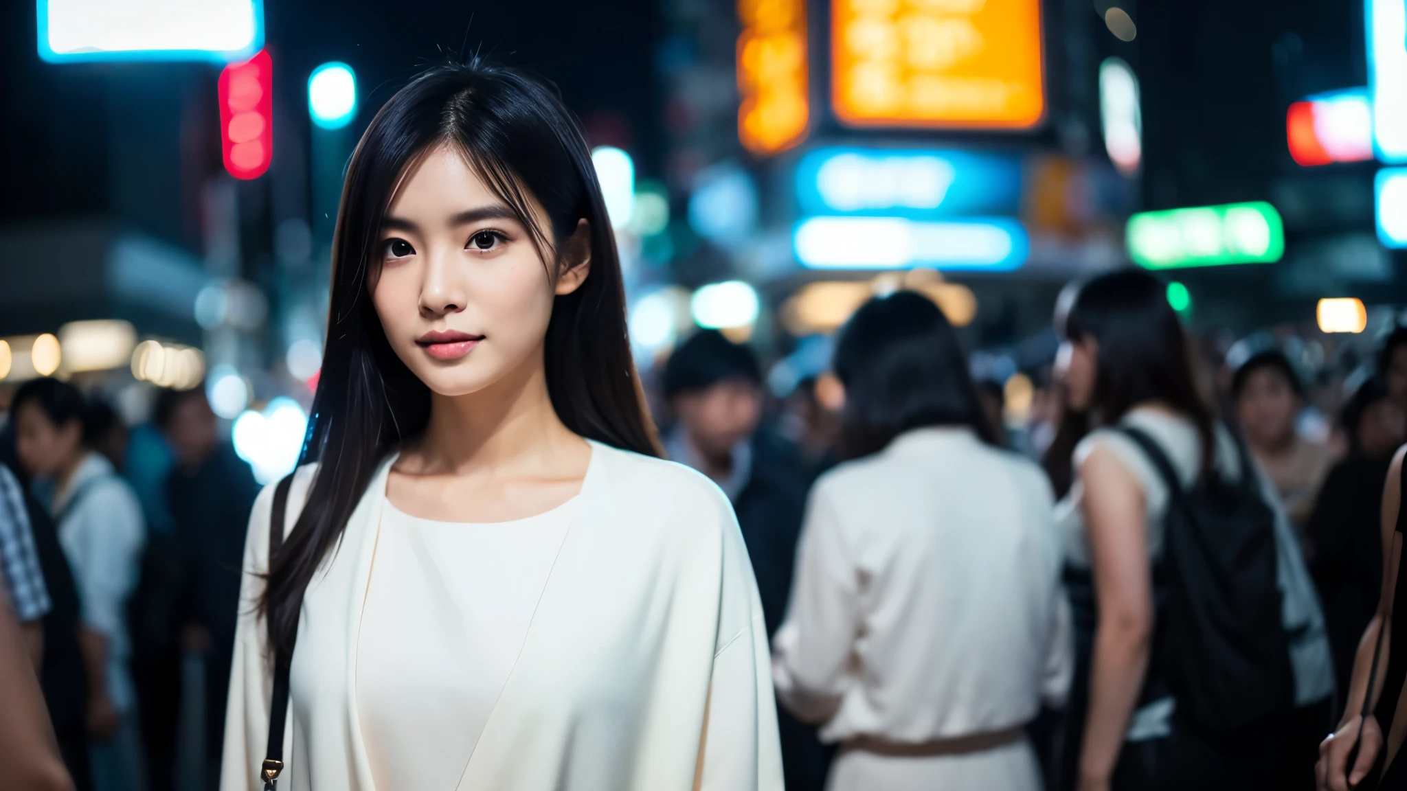 Capture a beautiful Indonesian girl standing among a bustling crowd in Tokyo at night. She has long, black hair, smooth white skin, a symmetrical face, and a slim body. Her natural makeup complements her striking features. She is dressed in white casual clothes with light gray culottes. The scene is set at night with numerous pedestrians surrounding her. Use a Front View to showcase her detailed face, eyes, and fingers, and highlight her natural elegance. The lighting should be Neon Cold Lighting to enhance the nighttime atmosphere, and the style should be Cinematic to give the scene a dramatic effect. The image should be rendered in 8K resolution with Photoreal quality for an ultra-realistic appearance.