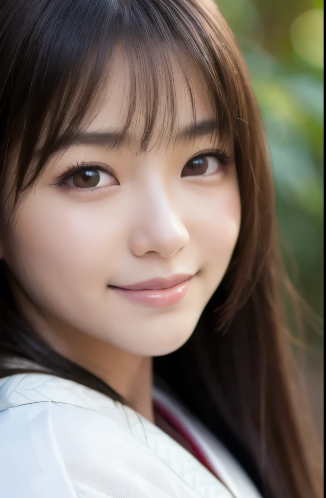 best quality, face focus, soft light, ultra high res, (photorealistic:1.4), RAW photo,(Shinozaki Ai), white skin, kawaii,
1 Japanese girl, solo, cute, (smile), (pupil, lights in the eyes),  detailed beautiful face, Medium-sized breasts,(high resolution detail of human skin texture),(long hair),(portrait), upper body, white traditional kimono, in the forest,