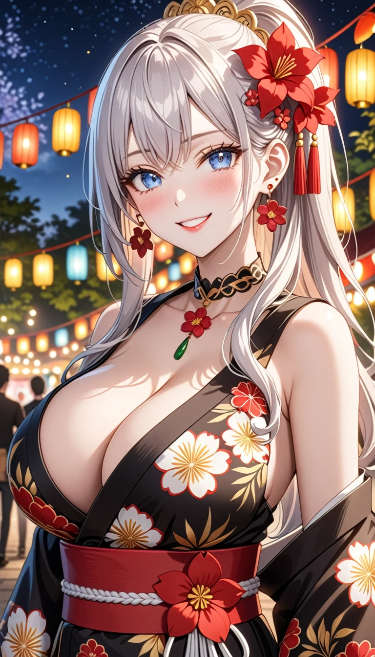 ultra-detailed, ((one girl)), (pale skin:1.4),  (portrait),  fair-skinned gyaru, ((Girl in black kimono)),  (heavy makeup), hyper detailed, absurdres, 8k, Beautiful Face, (Laugh shyly), ((teasing smile:1.2)), ((happy smile:1.4)), ((Wink:1.3)), (Laugh with your mouth wide open), ((Tilt your face:1.6)), View your viewers, ((full-face blush:1.3)), Glossy Red Lips, ((huge breasts:1.6)), summer, night, Small park, Festival Venue, ((Anime style background)),masterpiece, Highest quality, Latest, Complex details, ((red long nail:1.2)), (ring),(bracelet), (Floral Choker),AI-generated, Complex,High resolution, Highest quality, super high quality,3D Images、3D Images,One person, (Silver White hair),Long Hair, (White high ponytail), (wavy hair:1.3)), Anime woman posing for a photo, ((Eyes with detailed pupils、blue eyes、glowing eyes:1.3)), (Squint your eyes:1.1),a hyperRealistic , hyperRealistic , Realistic,Anime woman with long white hair, Smooth anime CG art, ((A girl in a gorgeous black kimono:1.2)), ((black furisode:1.3)),Gold embroidery, (Large floral pattern in red color), (Long red flower hair ornament),(big floral earrings), Mature Body, tall,Narrow waist, (extreme close-up shot), 