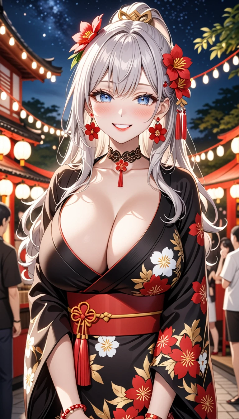 ultra-detailed, ((one girl)), (pale skin:1.4),  (portrait),  fair-skinned gyaru, ((Girl in black kimono)),  (heavy makeup), hyper detailed, absurdres, 8k, Beautiful Face, (Laugh shyly), ((teasing smile:1.2)), ((happy smile:1.4)), ((Wink:1.3)), (Laugh with your mouth wide open), ((Tilt your face:1.6)), View your viewers, ((full-face blush:1.3)), Glossy Red Lips, ((huge breasts:1.6)), summer, night, Small park, Festival Venue, ((Anime style background)),masterpiece, Highest quality, Latest, Complex details, ((red long nail:1.2)), (ring),(bracelet), (Floral Choker),AI-generated, Complex,High resolution, Highest quality, super high quality,3D Images、3D Images,One person, (Silver White hair),Long Hair, (White high ponytail), (wavy hair:1.3)), Anime woman posing for a photo, ((Eyes with detailed pupils、blue eyes、glowing eyes:1.3)), (Squint your eyes:1.1),a hyperRealistic , hyperRealistic , Realistic,Anime woman with long white hair, Smooth anime CG art, ((A girl in a gorgeous black kimono:1.2)), ((black furisode:1.3)),Gold embroidery, (Large floral pattern in red color), (Long red flower hair ornament),(big floral earrings), Mature Body, tall,Narrow waist, (extreme close-up shot), 