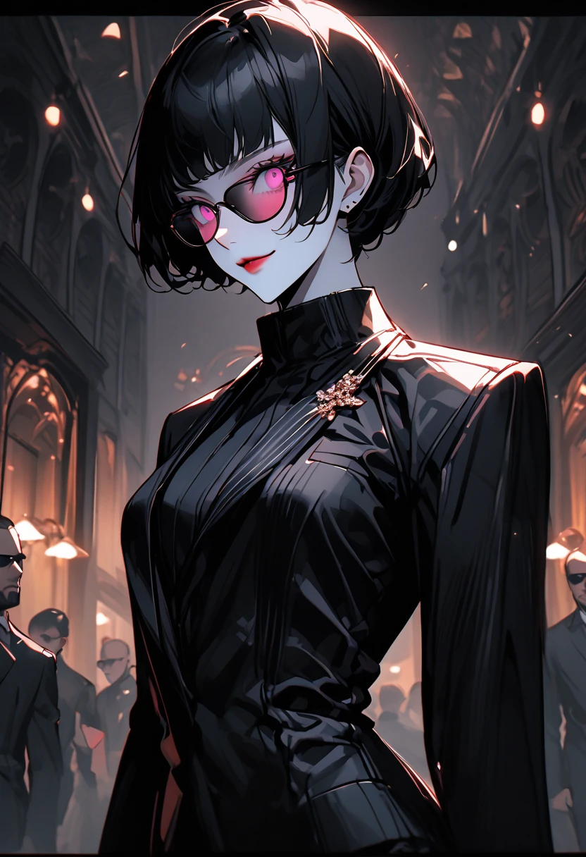 solo, female, tall, elegant, sunglasses, bodyguard, broad shoulders, pixie cut, black hair, pink eyes, pale skin, athletic, very tall, sober feminine suit, black clothes, small smile, medium shot, luxurious hotel, classy, professional, close up