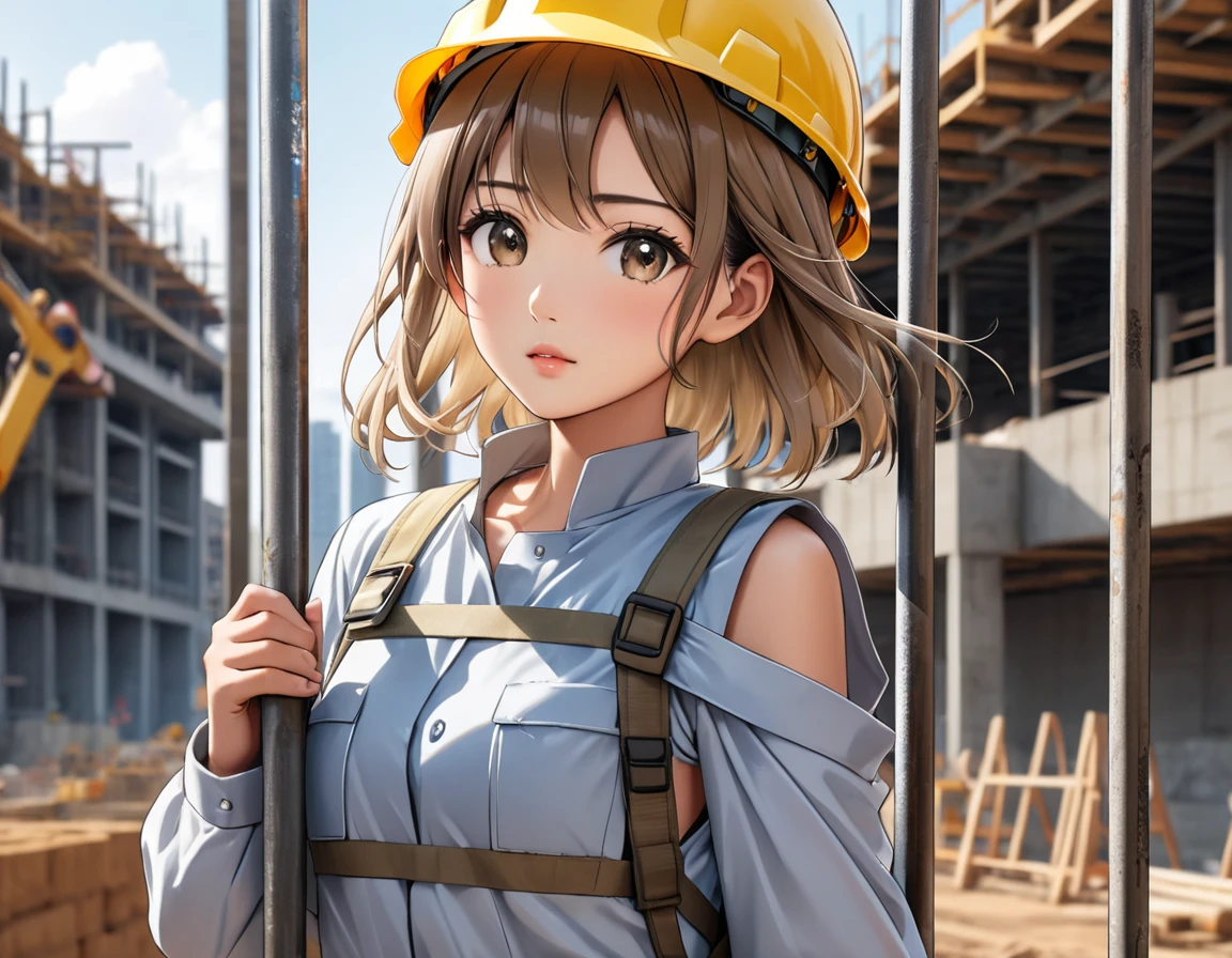 top of construction site made of Steel bars and concrete, masterpiece, top quality, highly detailed illustration, incredibly delicate and beautiful,8K,anime,A Beautiful Asian woman dressed in work clothes is standing at the construction site,((She is carrying a Steel bars on her shoulder and supporting it with both hands)),ultra-detailed face,detailed eyes,brown eyes,gradient eyes,short hair,milktea beige hair,lash extension,The woman is wearing a yellow helmet,Focus on the woman,Sweat,Cowboy Shot,peaceful,rim light,Dynamic Angle